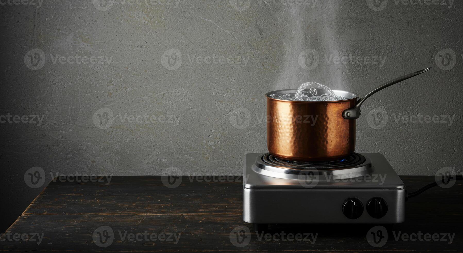Copper pot with boiling water on electric stovetop photo