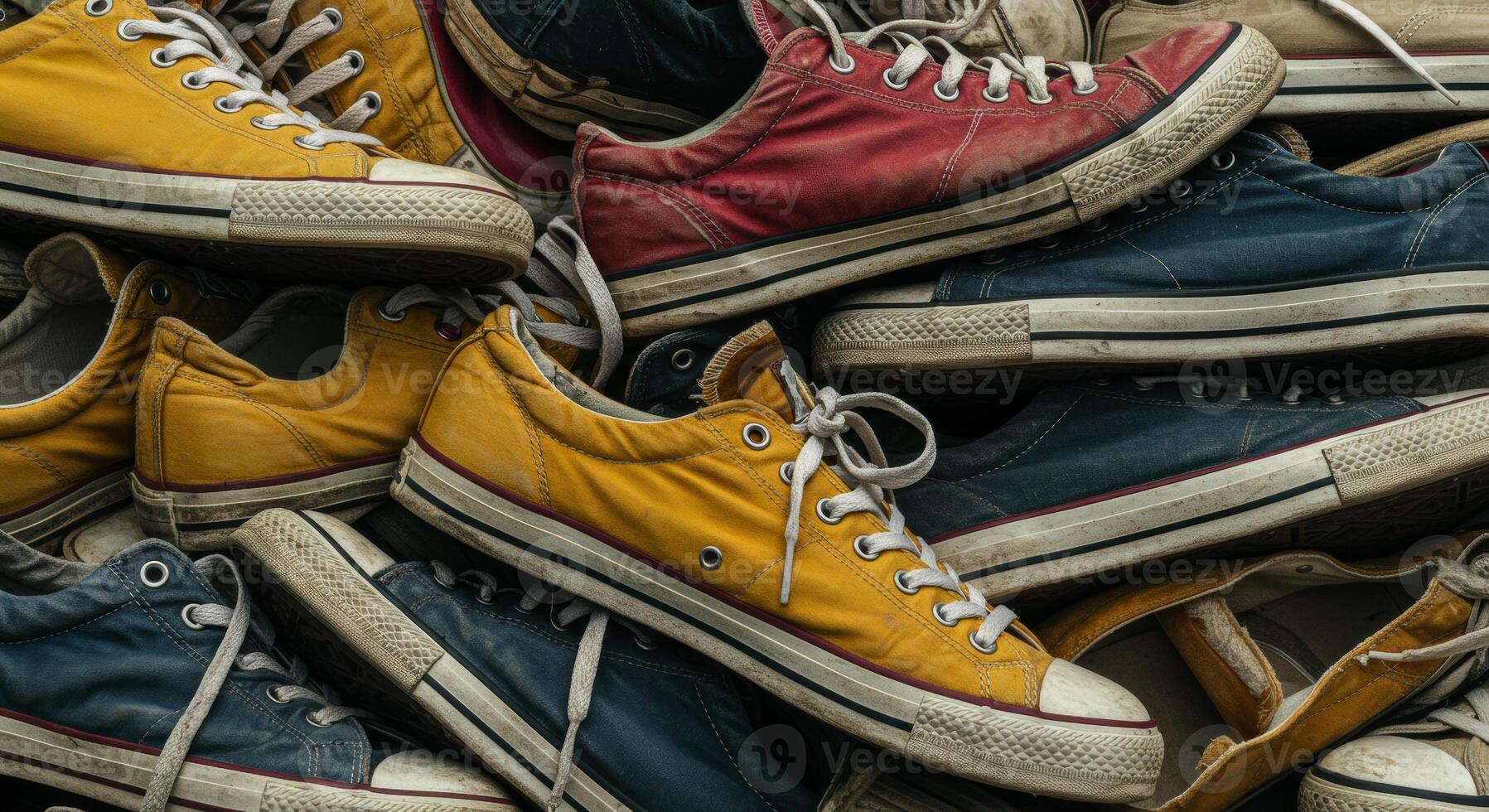 Pile of old worn colorful canvas sneakers close up photo