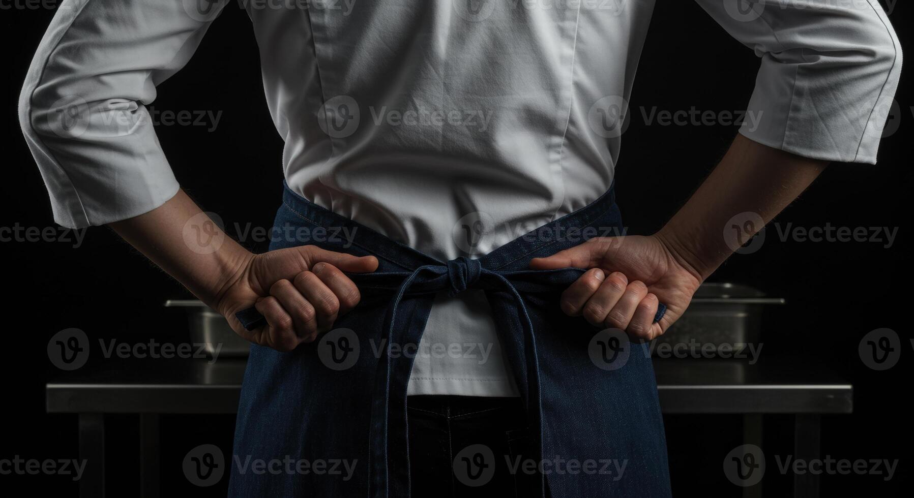 Chef tying apron in professional kitchen preparing for culinary work photo