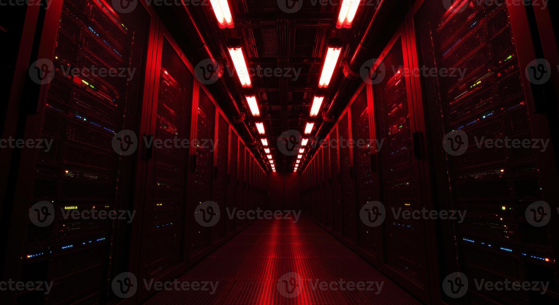 Futuristic data center corridor with glowing red server racks photo