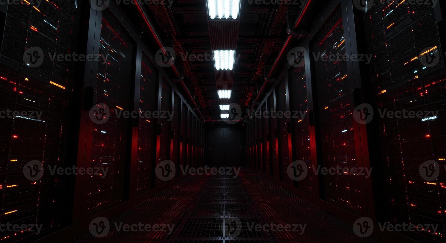 Futuristic data center corridor with glowing server racks and digital lights photo