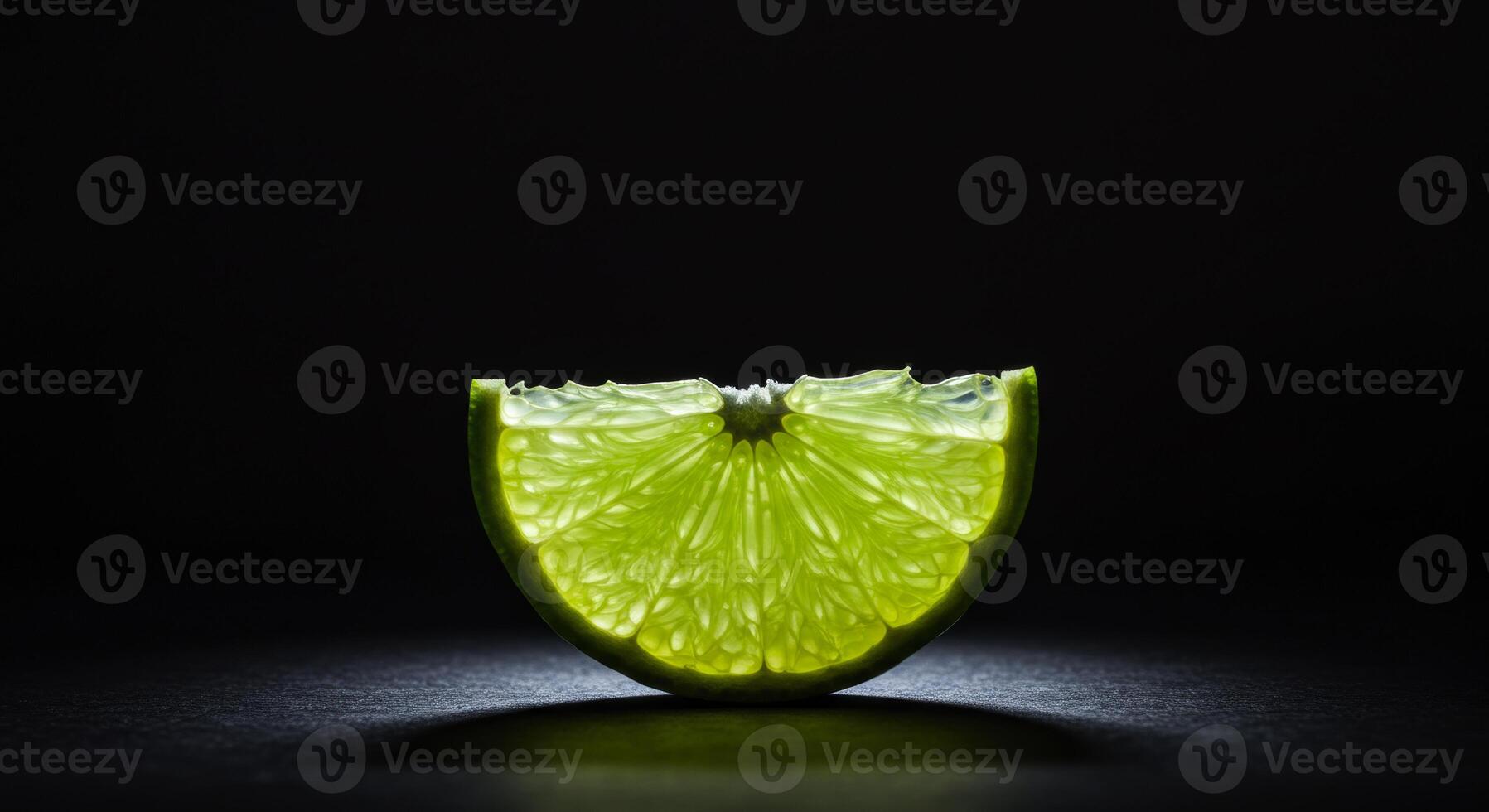 Vibrant green lime wedge backlit on a dark background photo