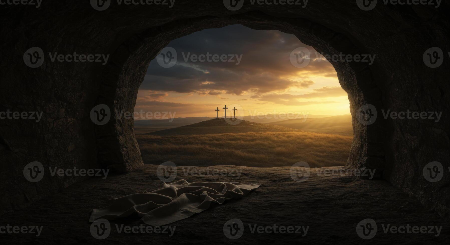 Empty tomb with burial cloth looking out to three crosses on a hill at sunrise photo