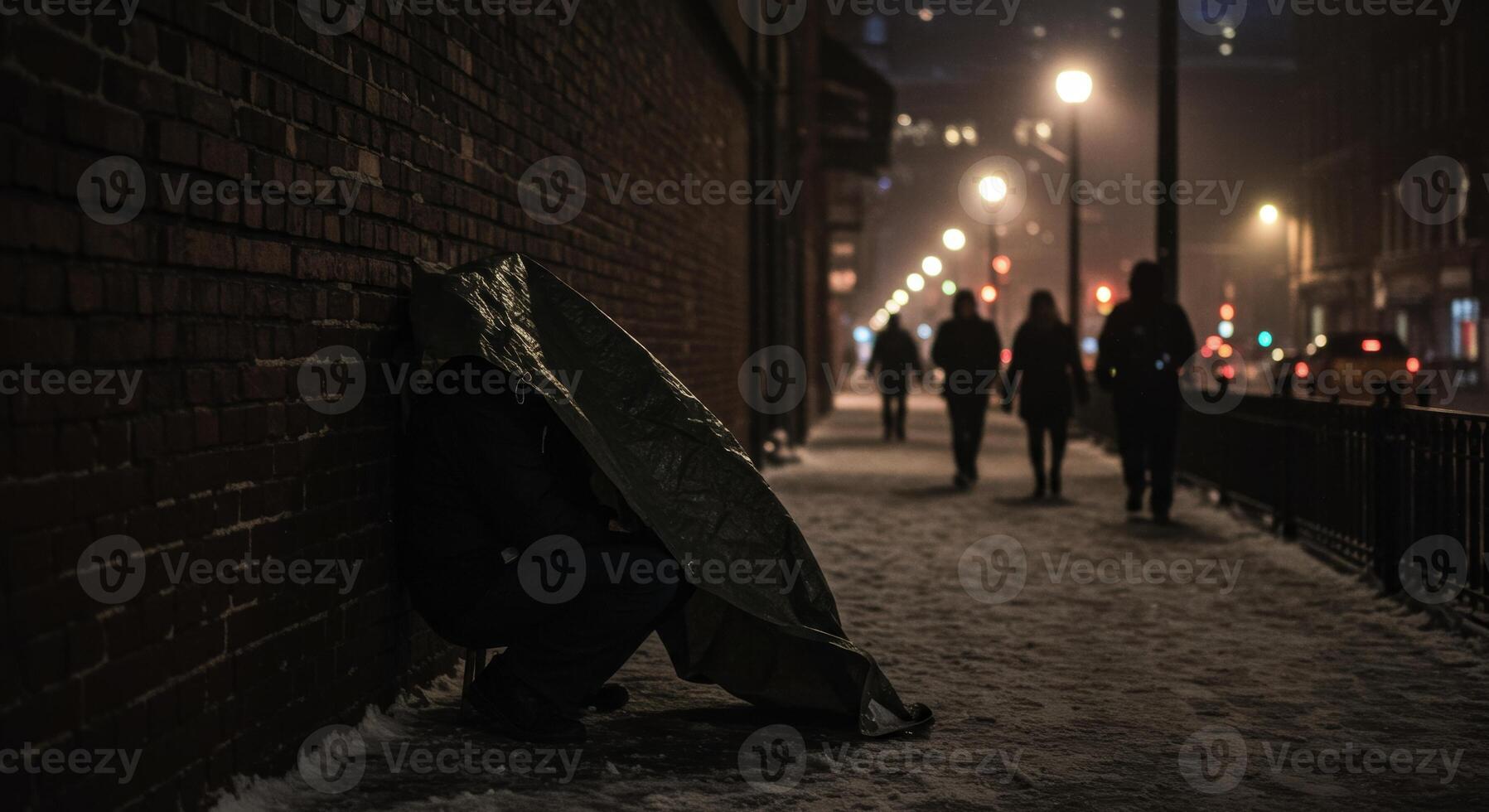 Homeless figure seeking shelter under tarp on snowy city sidewalk at night photo
