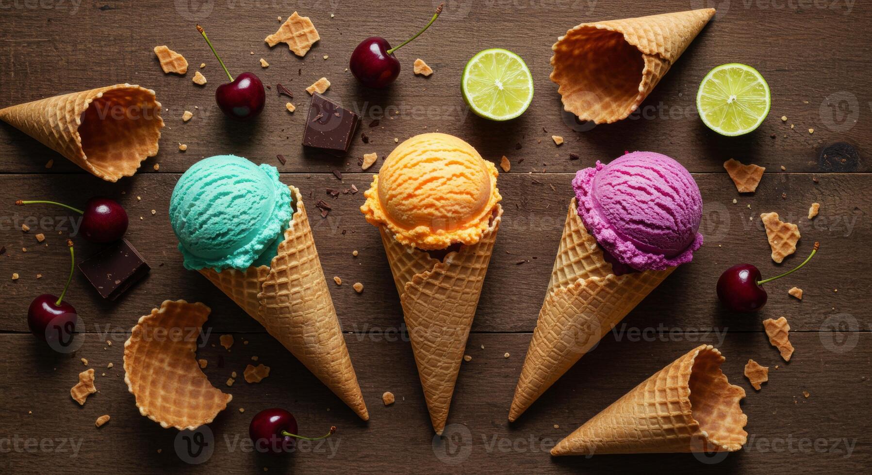 Colorful ice cream scoops in waffle cones flat lay on rustic wood table photo
