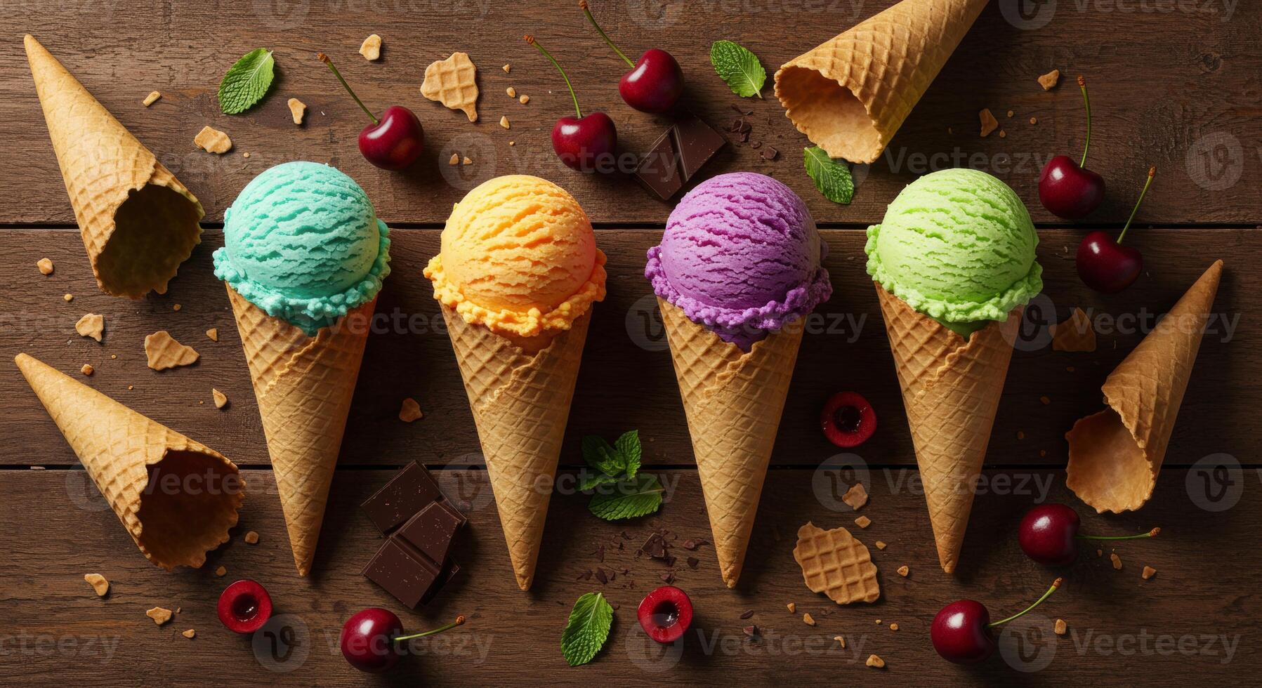 Colorful ice cream cones with cherries and chocolate on rustic wooden table photo