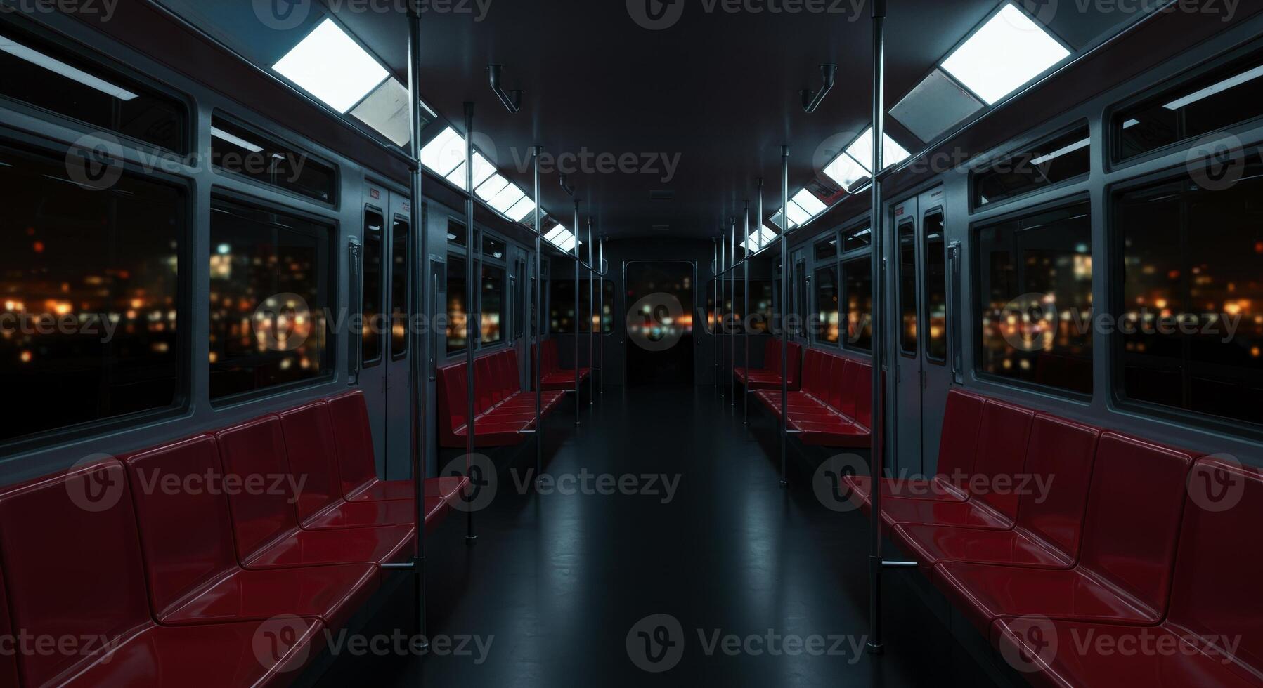 Empty futuristic subway car interior with red seats and night city view photo