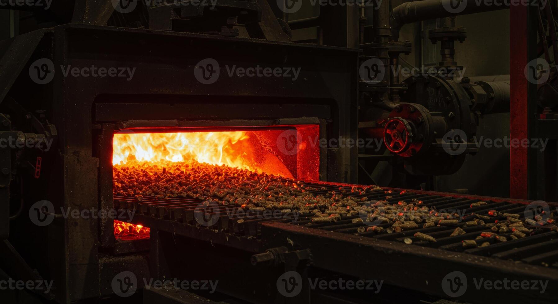 Industrial furnace burning biomass wood pellets on a grate photo