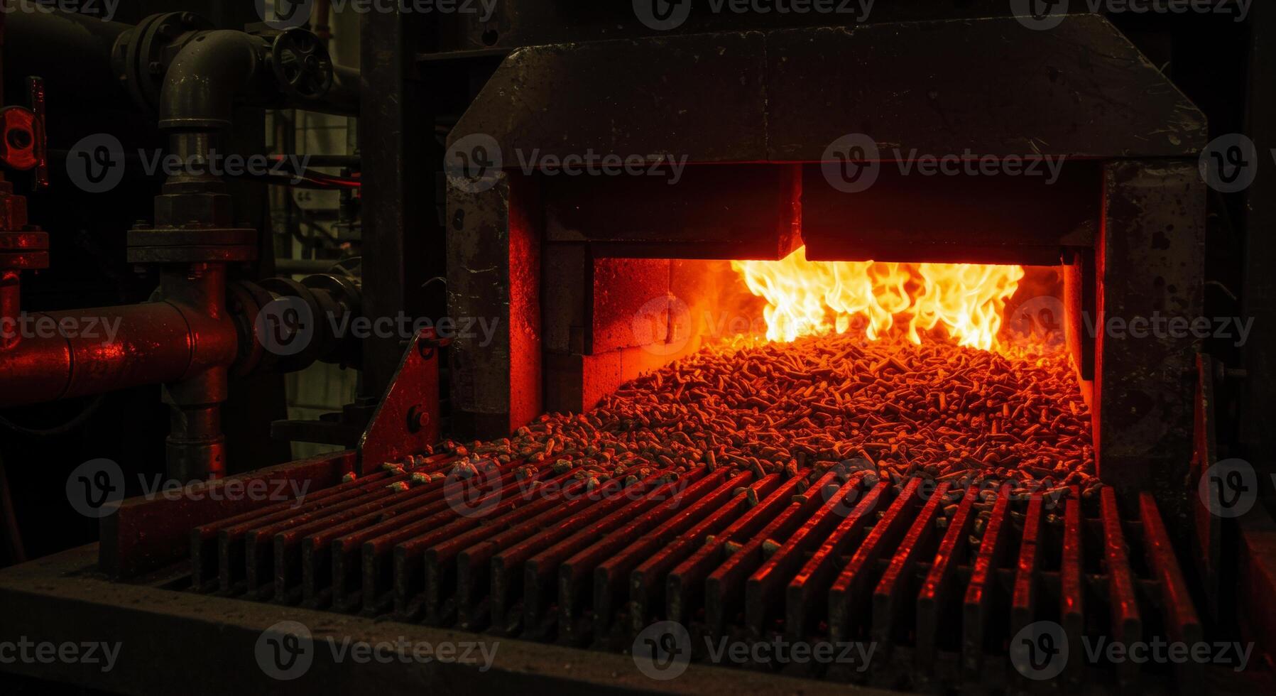 Biomass pellets burning intensely inside an industrial furnace photo