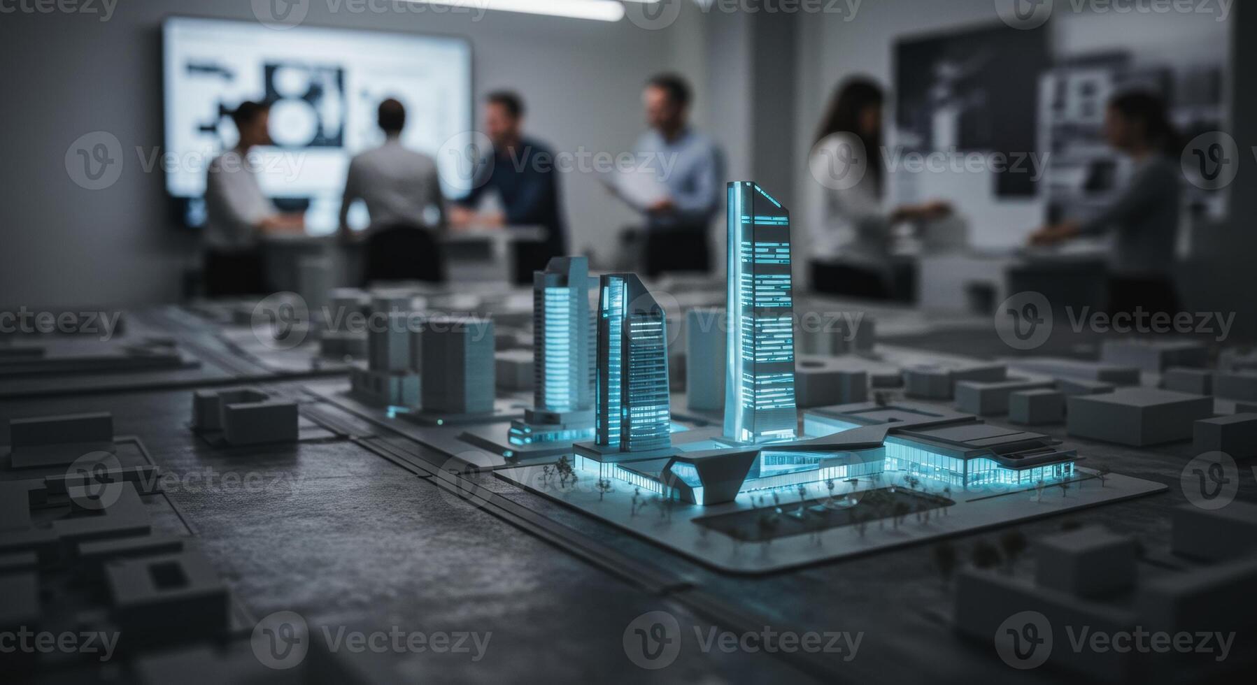 Futuristic Miniature City Model Displayed on Surface with Business Team in Background photo