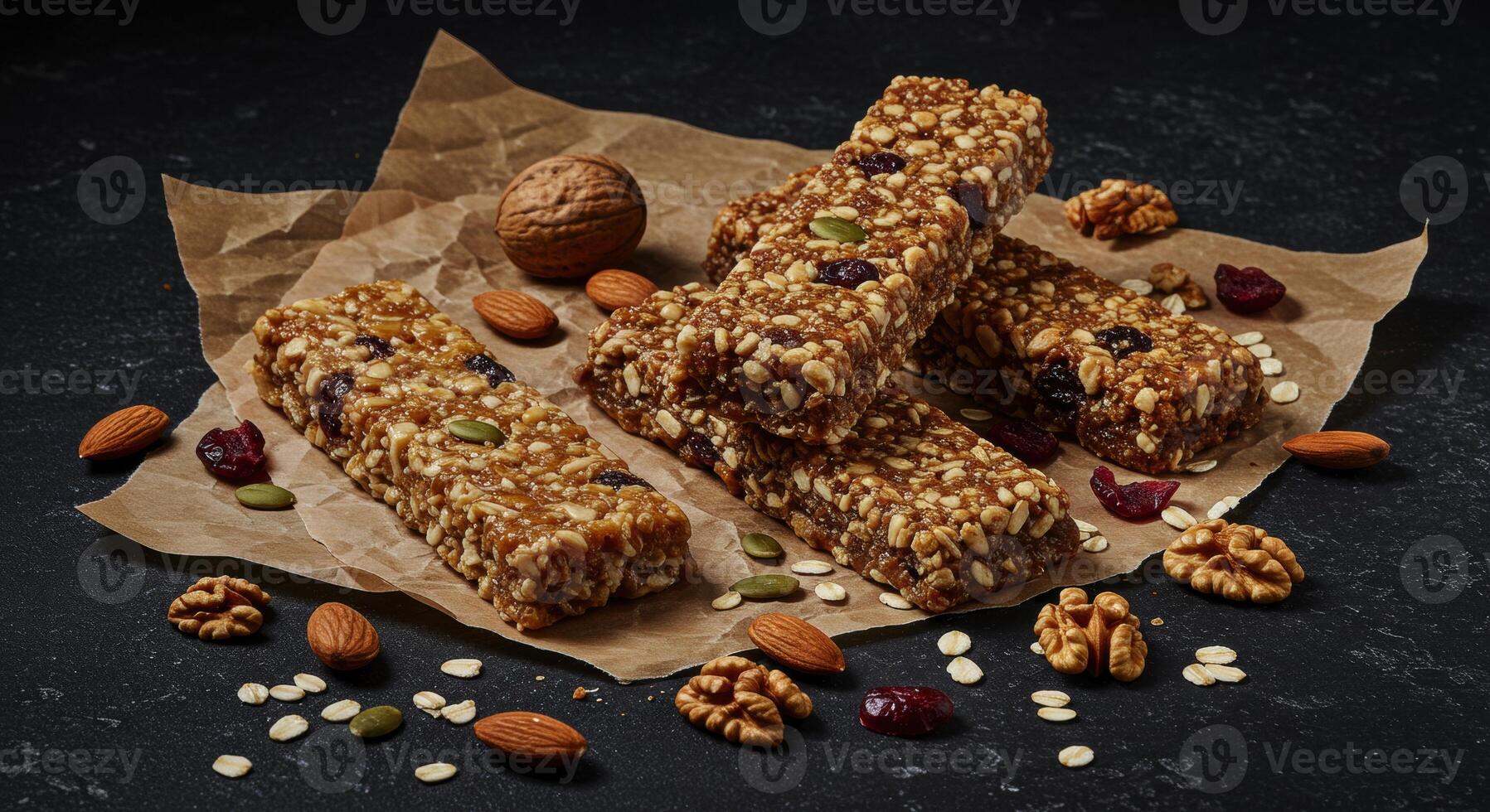 Natural energy bars with nuts seeds and dried fruit on parchment paper photo