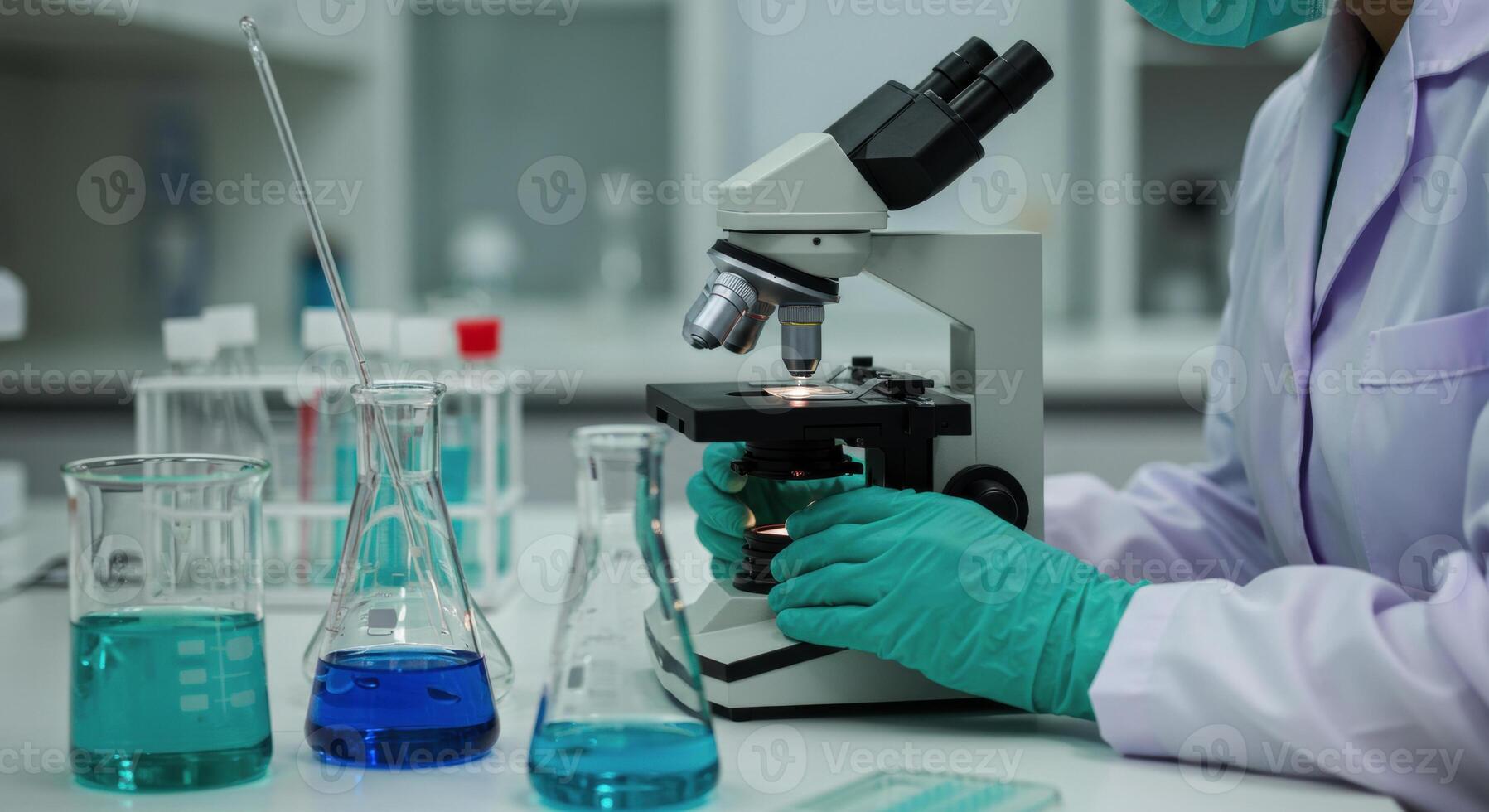 Laboratory technician examining sample under microscope in science lab with beakers photo