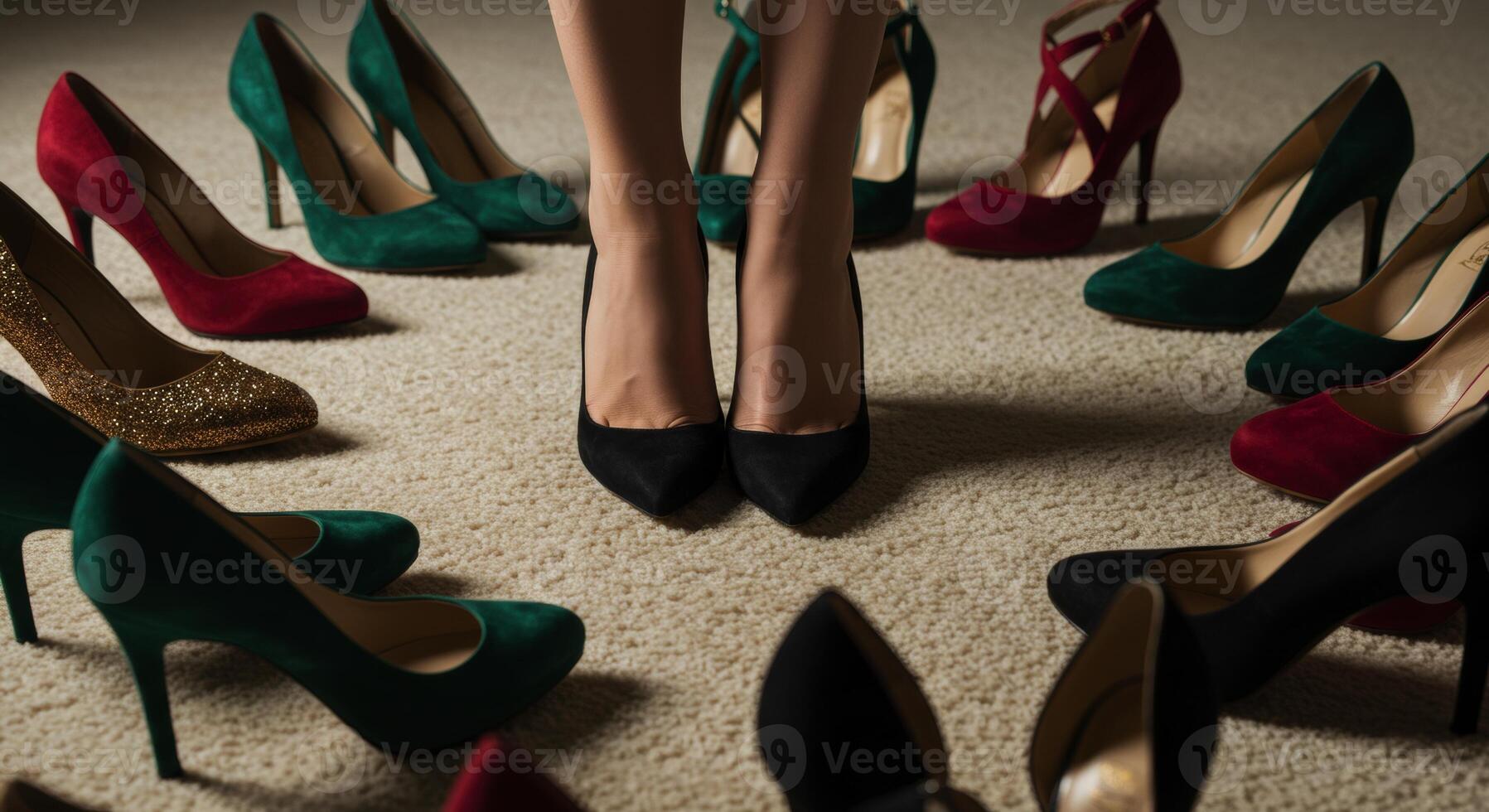 Woman Standing Among a Selection of Colorful High Heel Shoes on Carpet photo