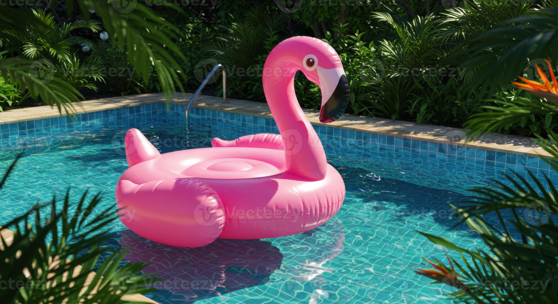 Pink Inflatable Flamingo Float in a Swimming Pool photo