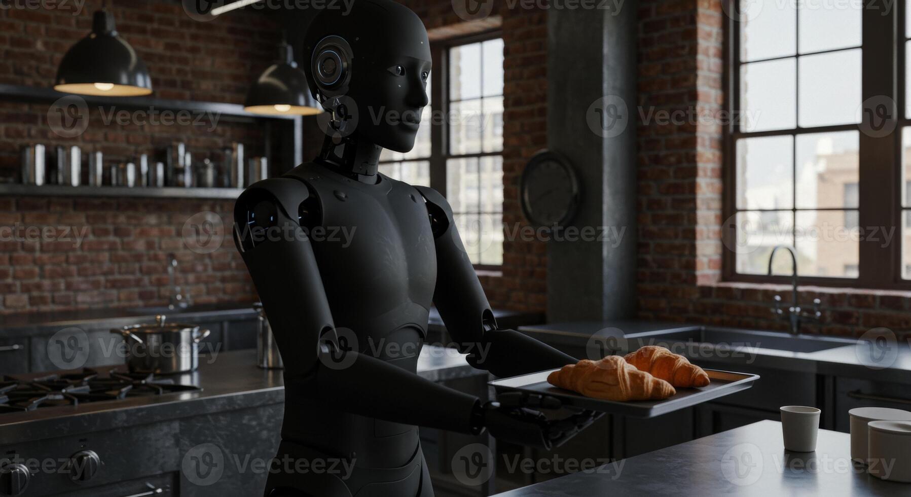 Black humanoid robot holds croissants in an industrial kitchen setting photo