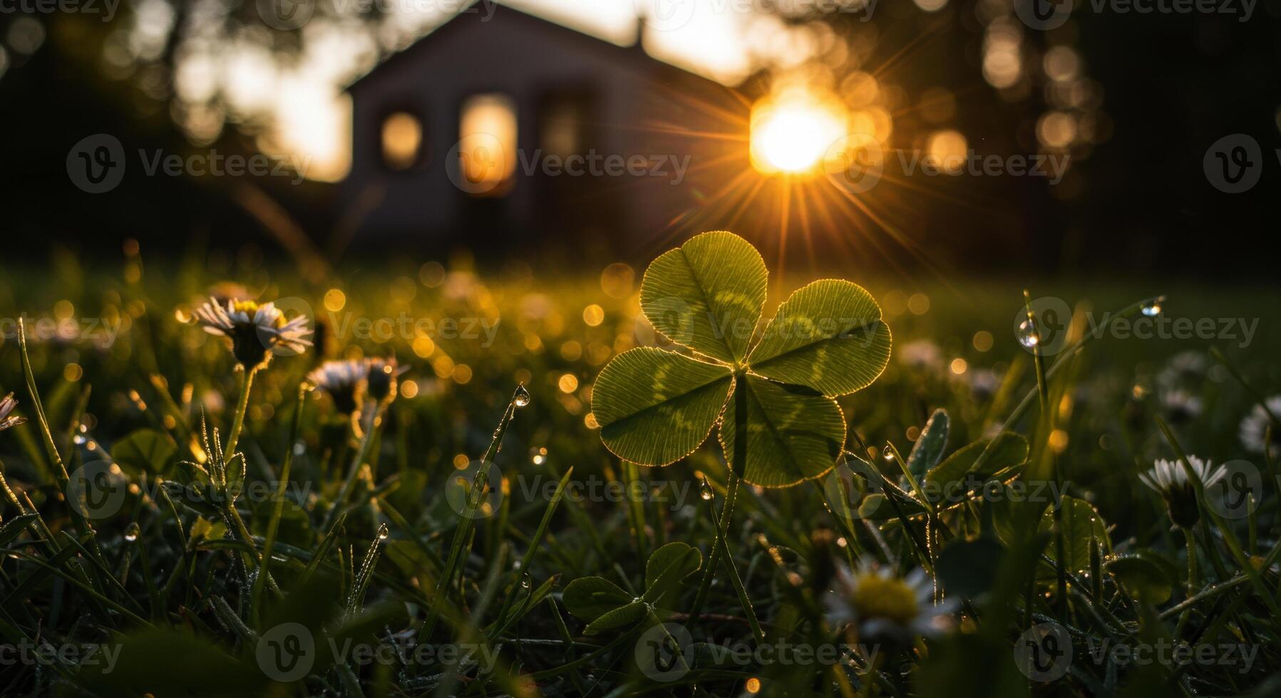 Four leaf clover in grass with dew drops backlit by the setting sun photo