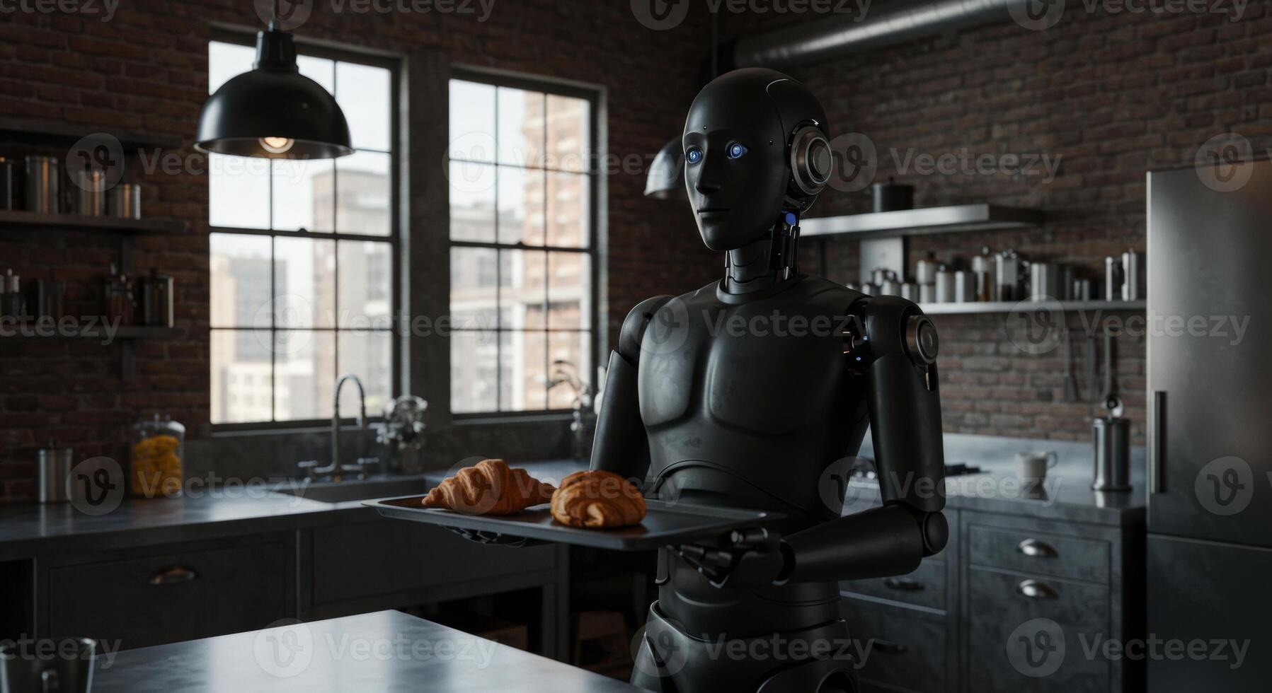 Humanoid robot holding croissants on tray in industrial kitchen photo