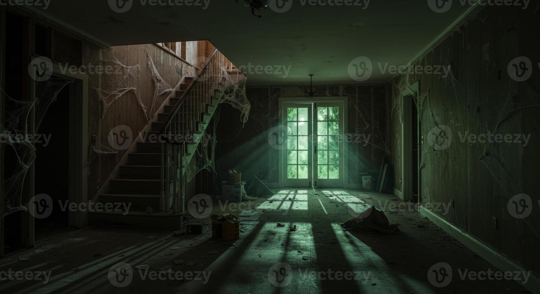 Spooky abandoned house interior with staircase cobwebs and sunlight photo