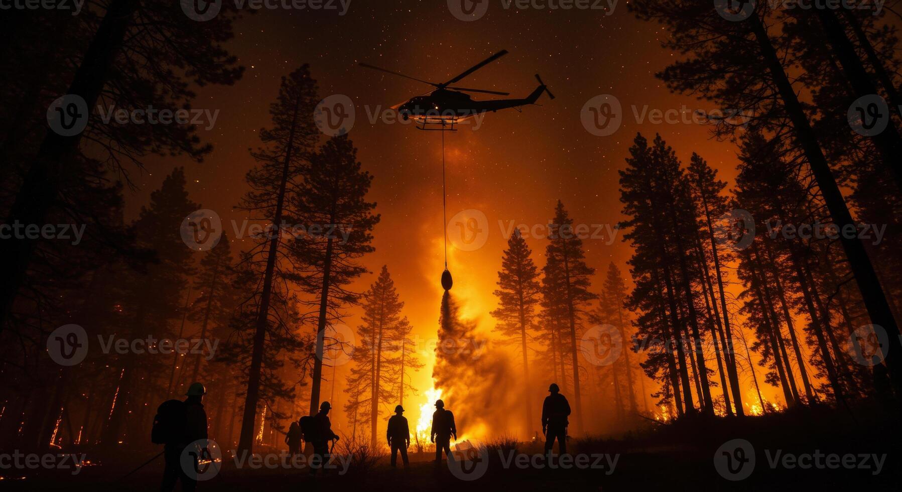 Helicopter drops water on a forest fire at night with firefighters on the ground photo