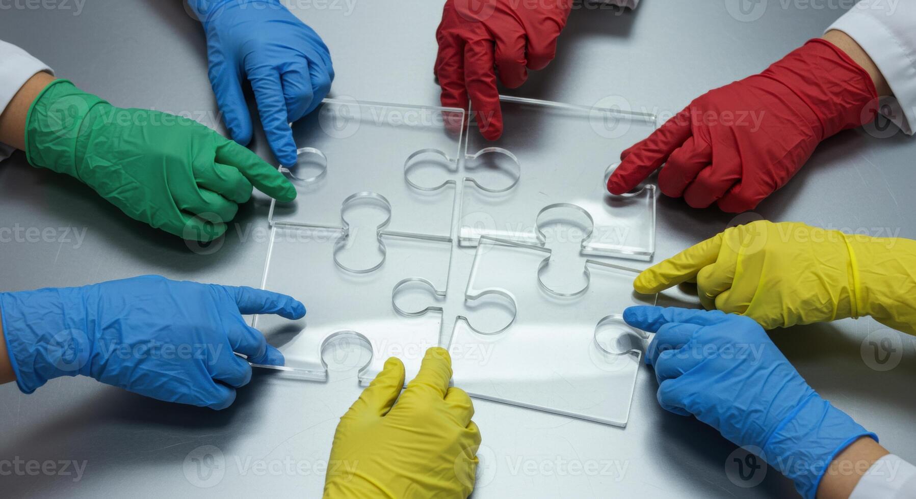 Scientist team hands in colored gloves solving transparent puzzle together photo