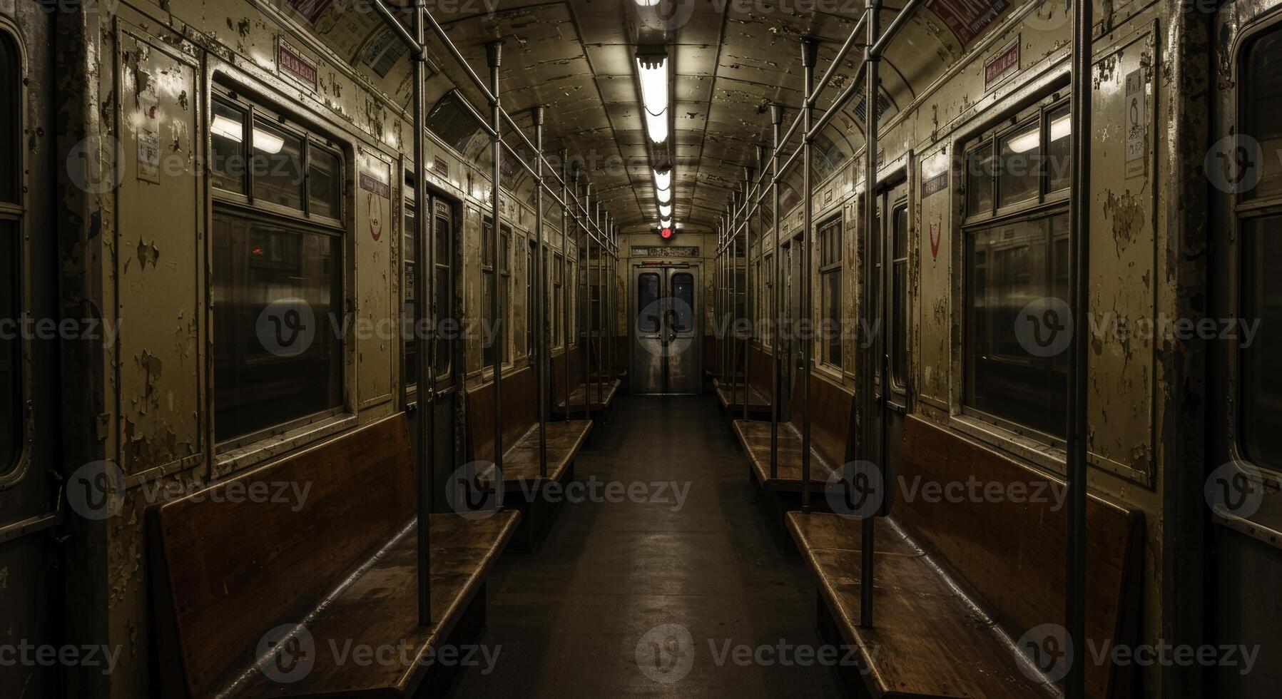 Empty vintage subway train interior with worn seats and dim light photo