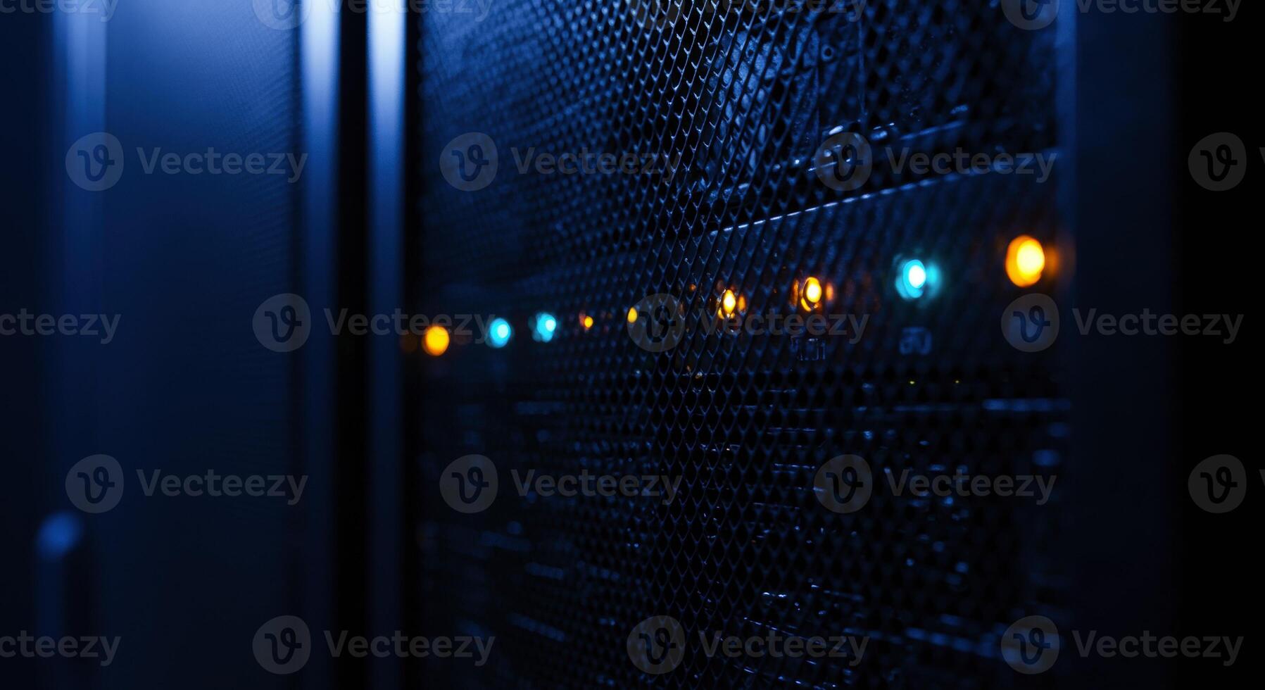 Server rack metallic mesh door with blue and amber status lights photo