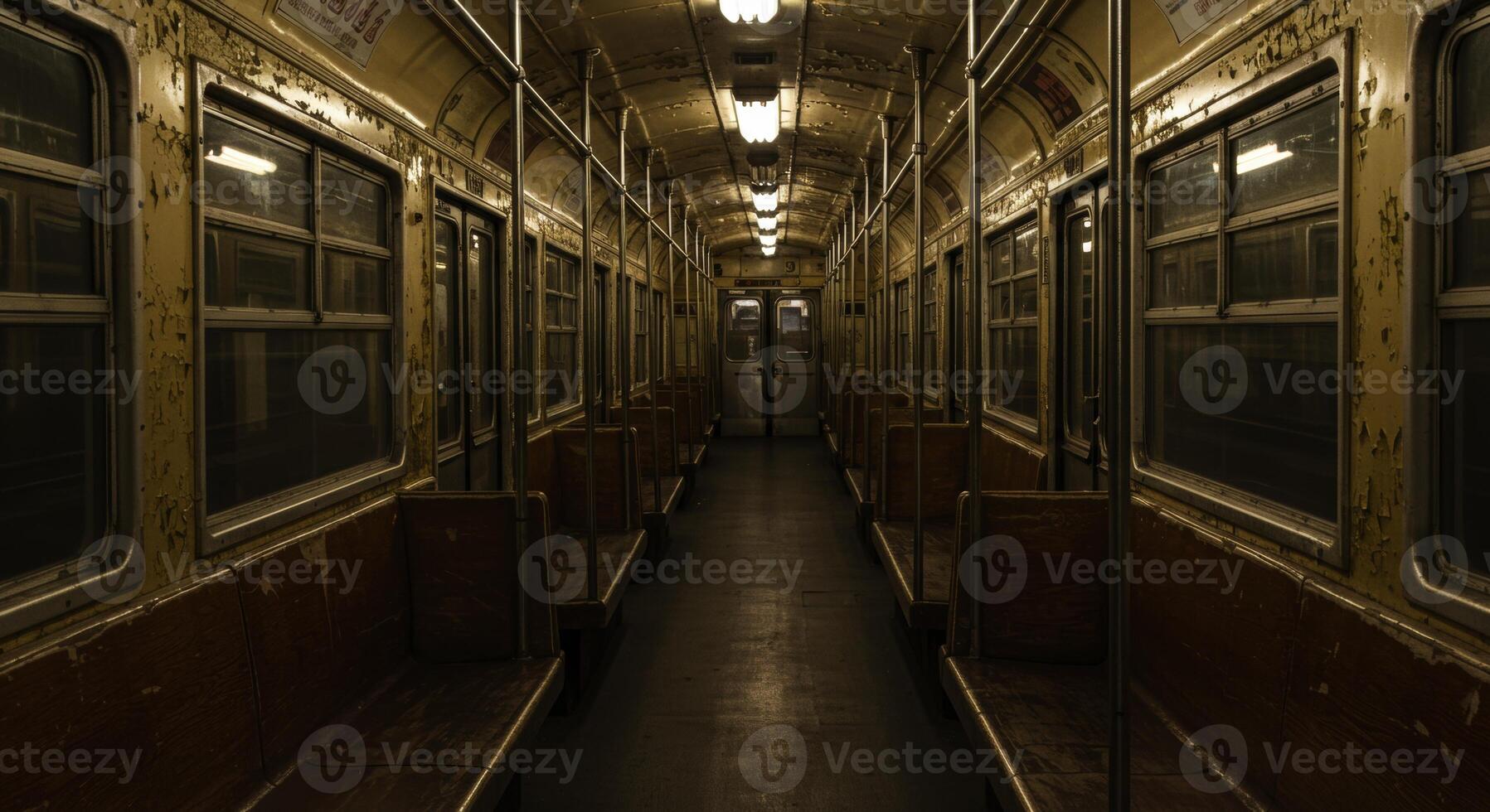 Empty vintage subway train interior with worn seats and peeling paint photo