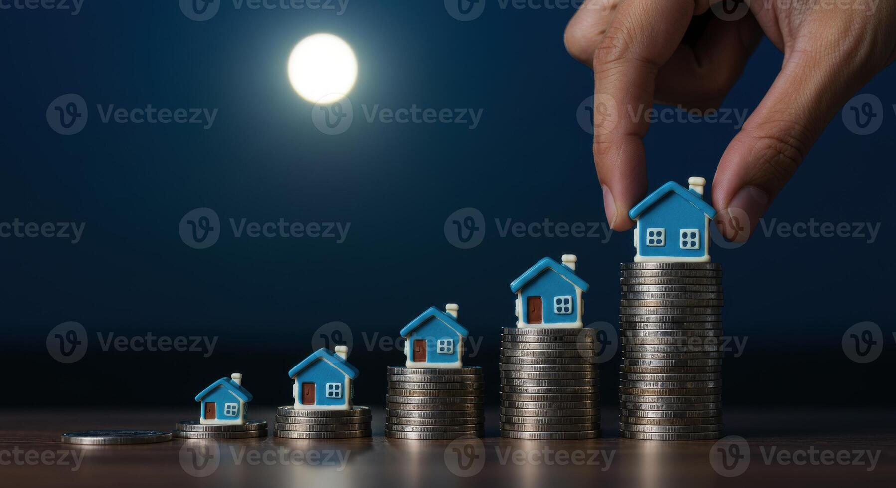 Miniature houses on coin stacks showing real estate investment growth photo