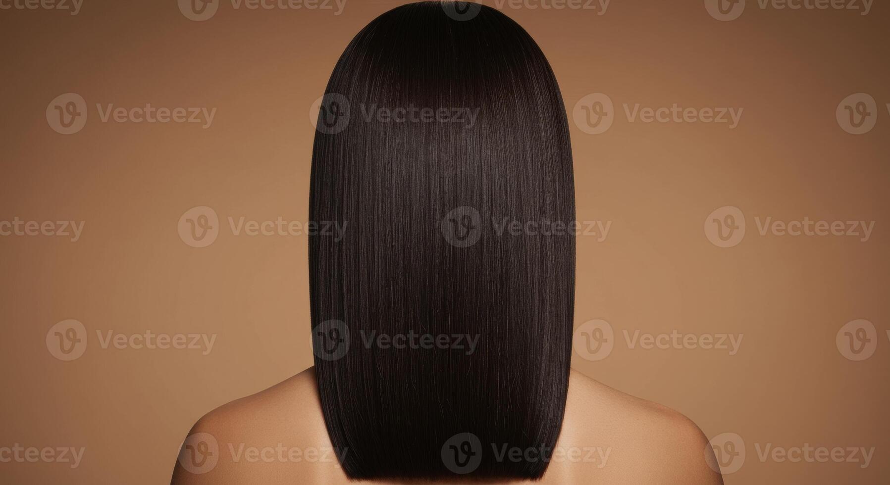 Studio shot from the back of a woman showcasing long straight dark hair photo