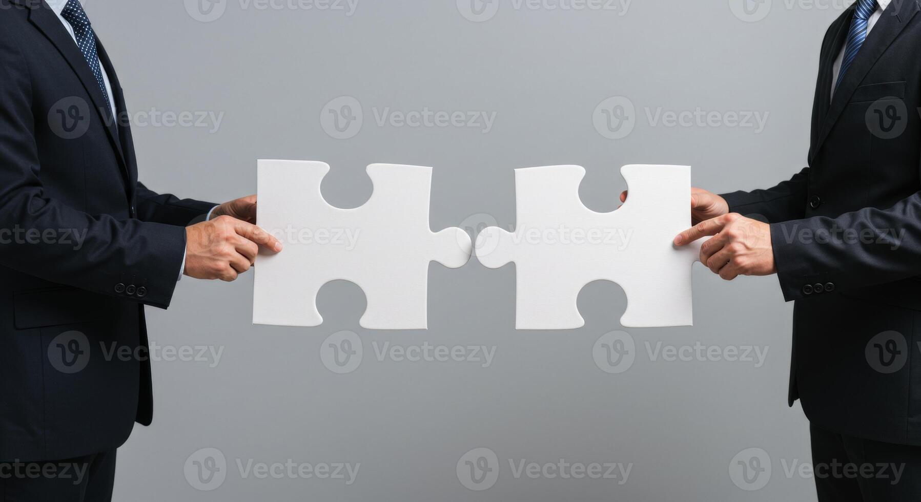 Two Businessmen Connecting White Puzzle Pieces Teamwork Partnership Solution Concept photo