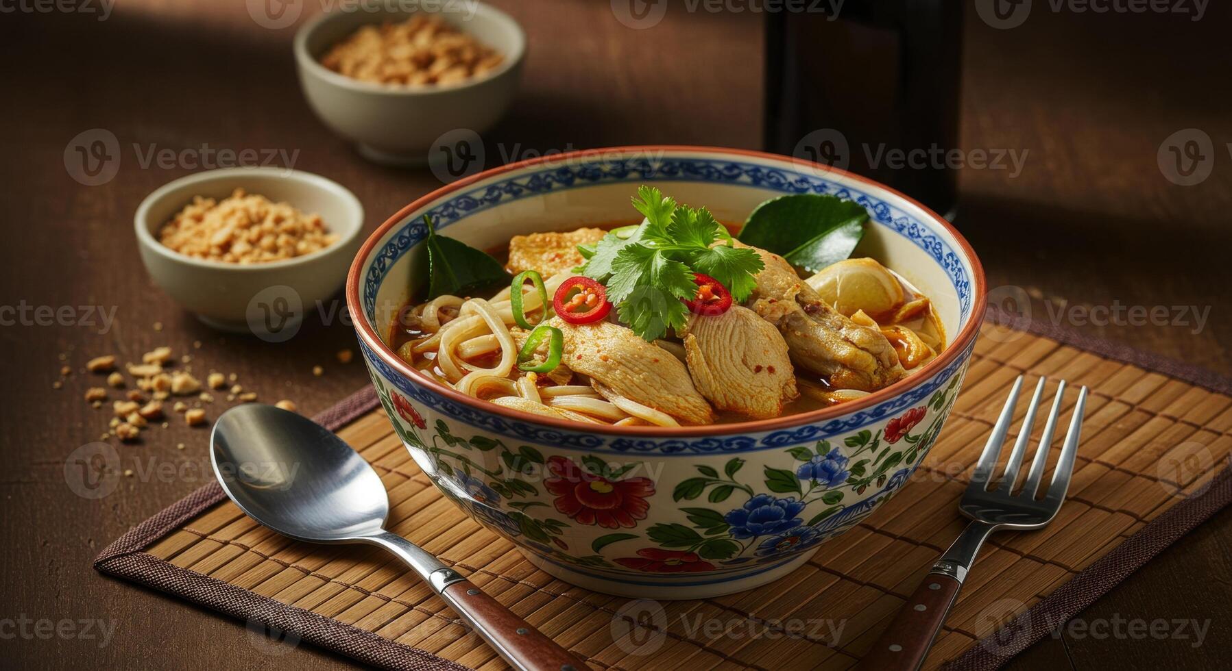 Spicy Thai Chicken Noodle Soup with Herbs and Crushed Peanuts Served on a Mat photo