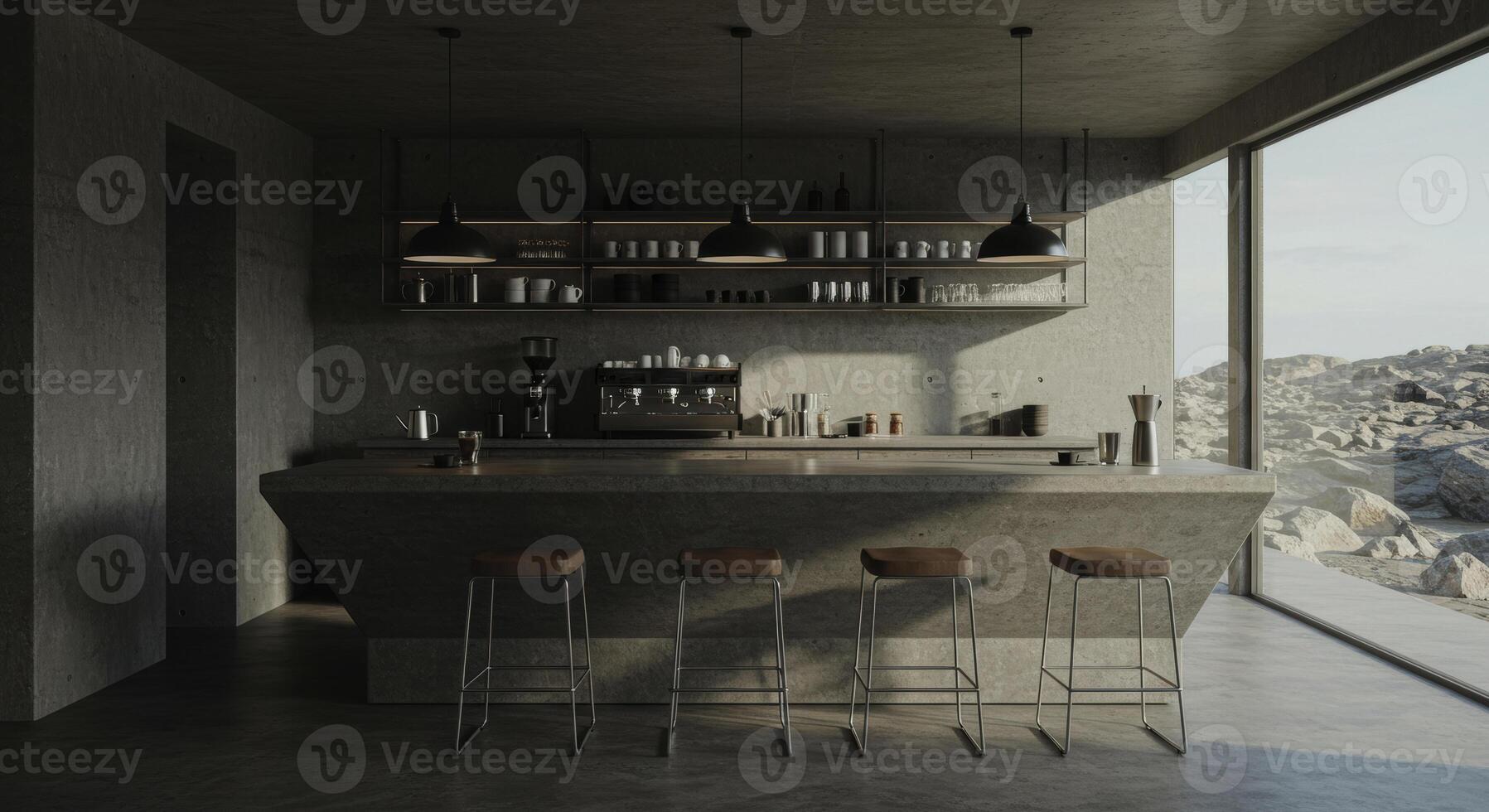 Brutalist cafe interior with concrete bar stools and window view of rocky landscape photo
