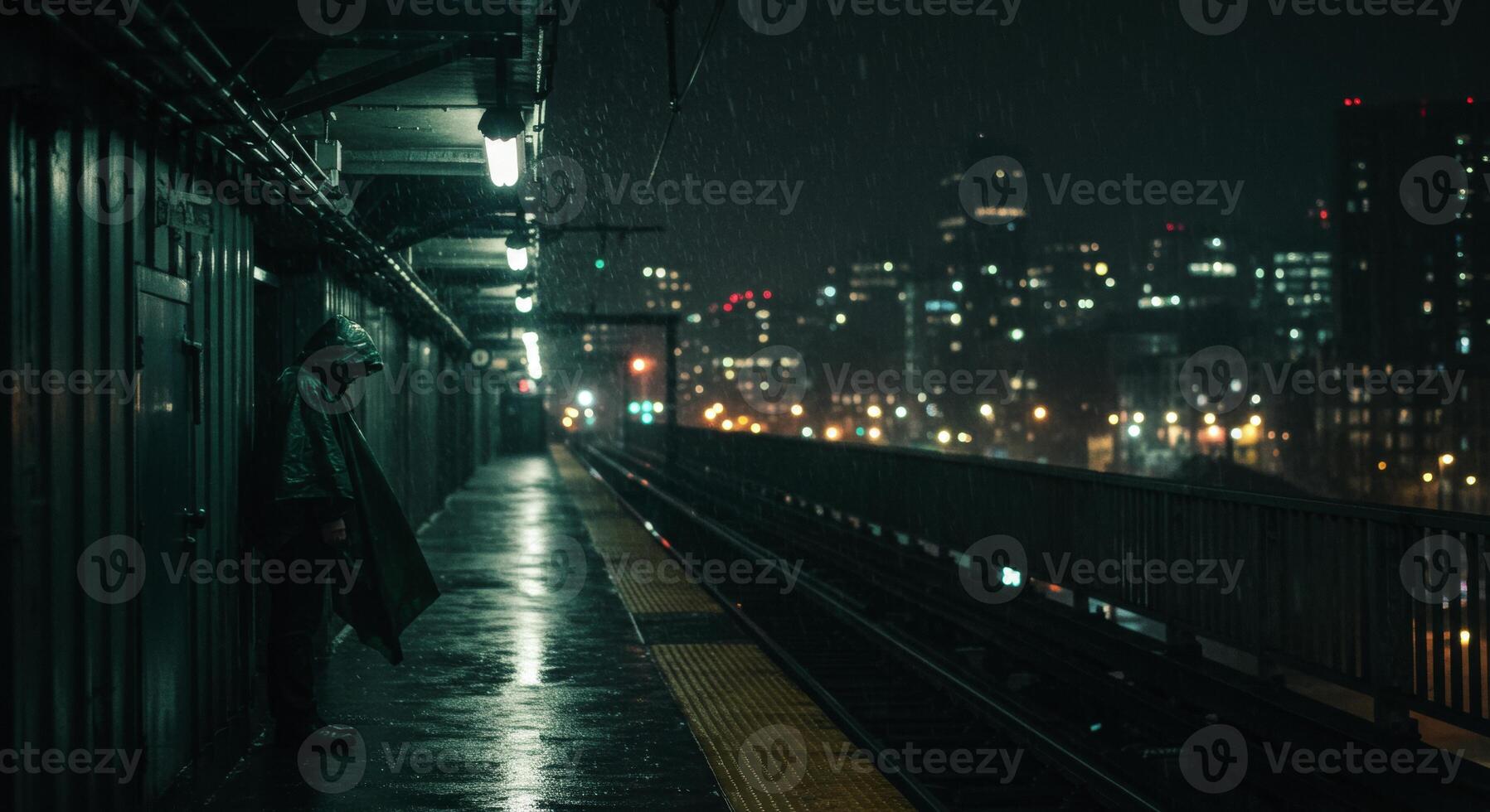 Figure in poncho on rainy train platform at night with city lights photo