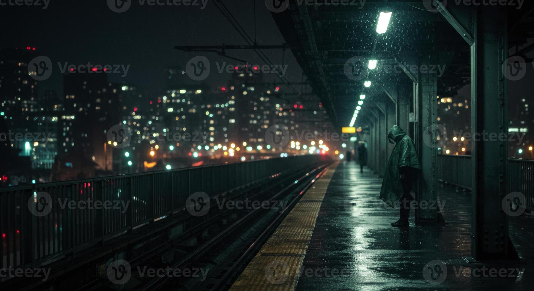 Figure on rainy train platform at night with city skyline photo