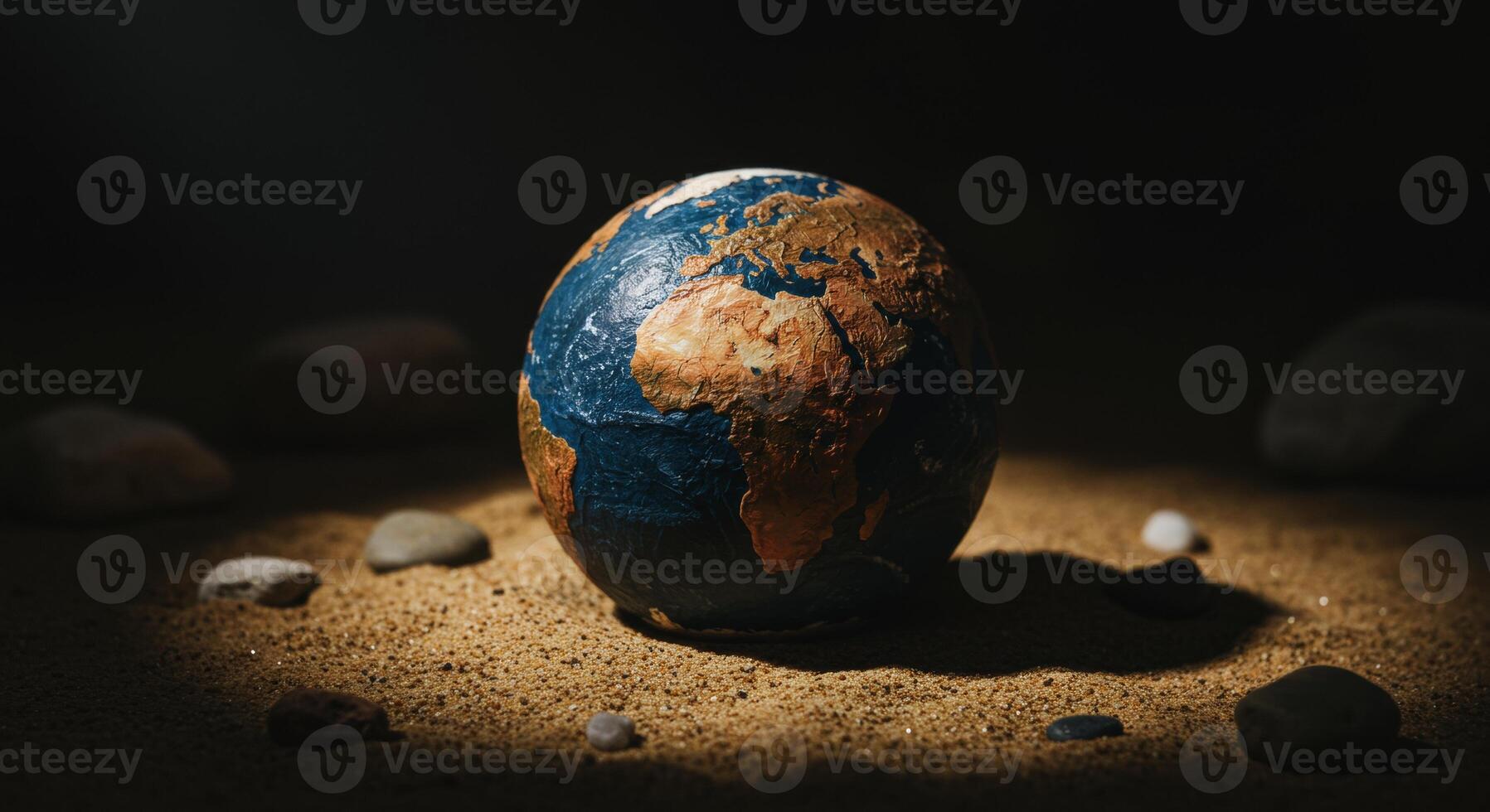 Small textured globe of Earth on sand representing environment and global issues photo