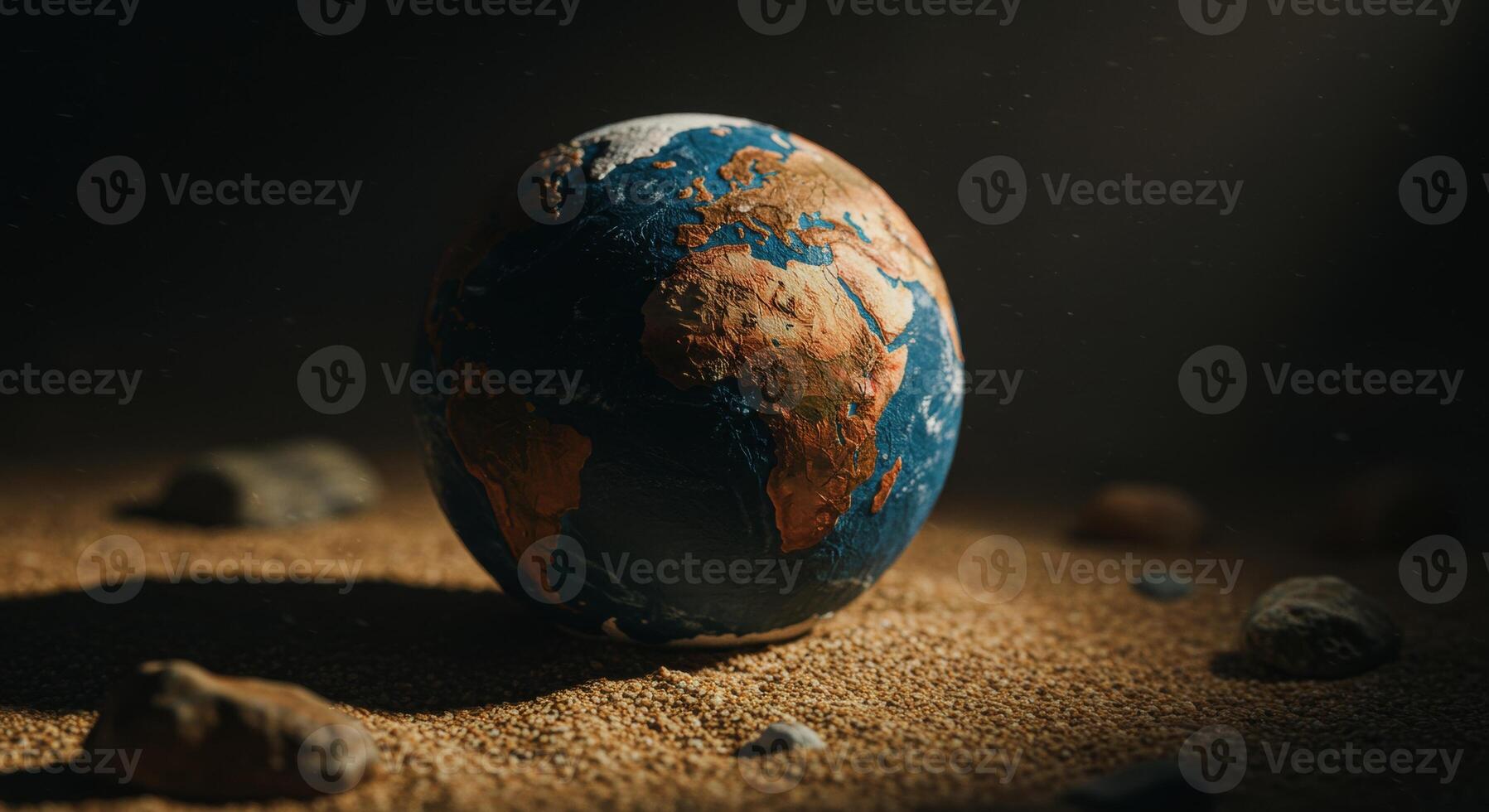 Artistic globe of earth on sand with rocks symbolizing environment and global concepts photo
