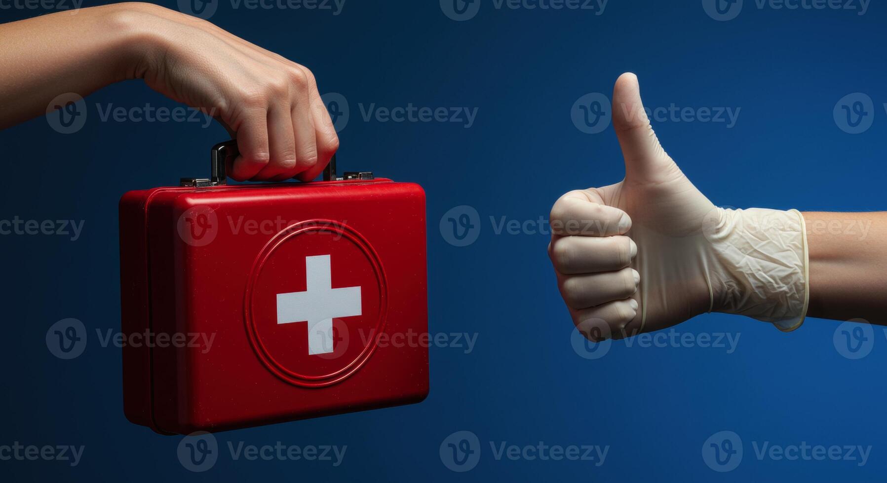 Red First Aid Kit and Gloved Hand Giving Thumbs Up Gesture photo