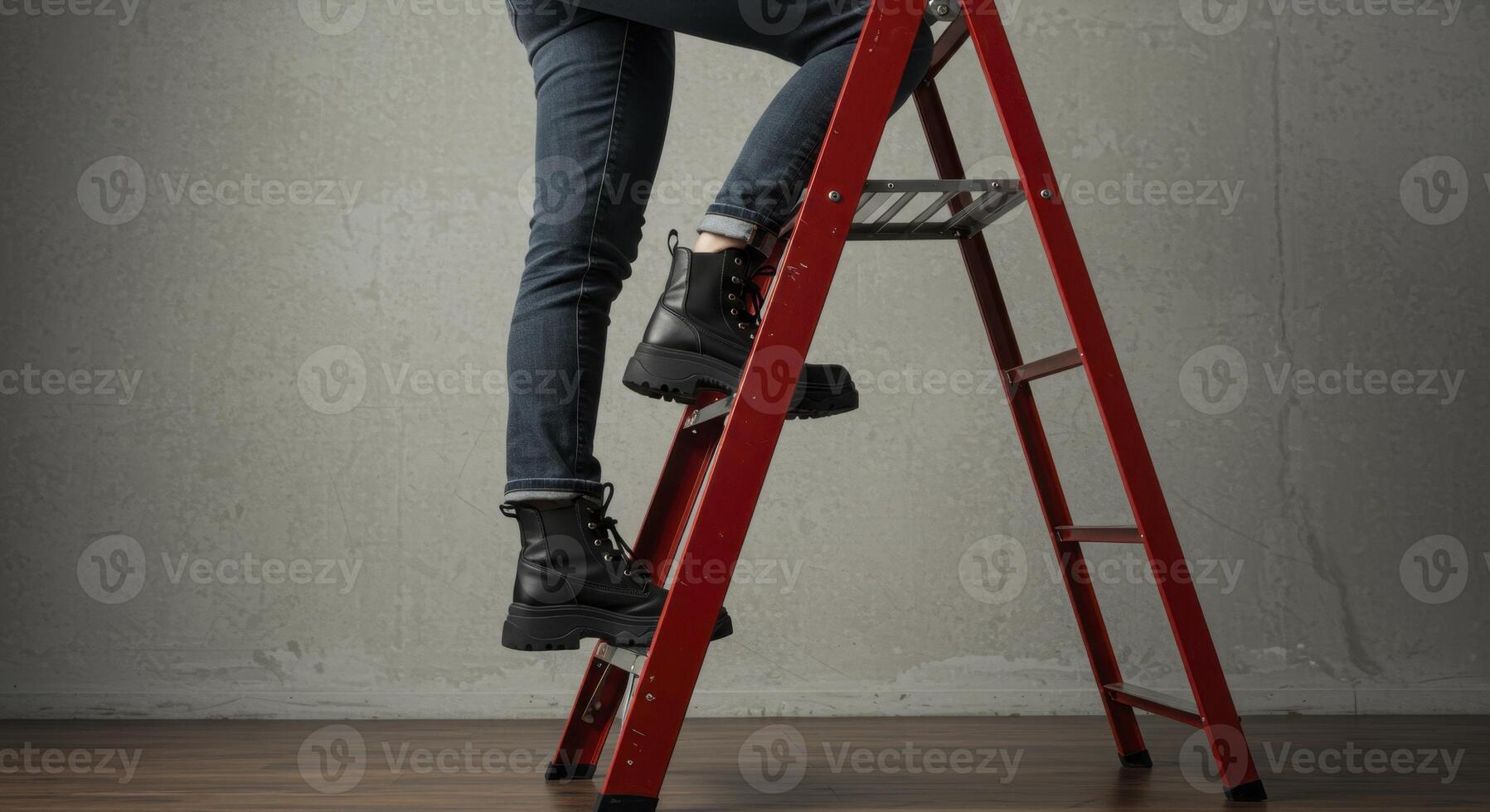 Female Wearing Jeans and Boots Climbing Red Metal Ladder for Work or Home Improvement photo