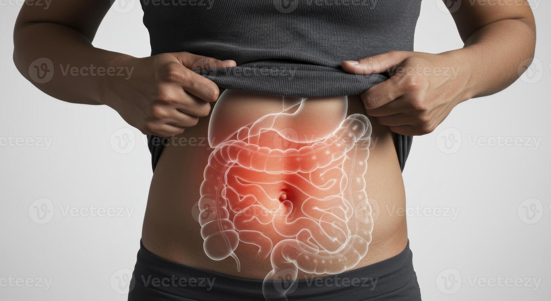 Woman with Glowing Digestive System Overlay Showing Abdominal Pain photo