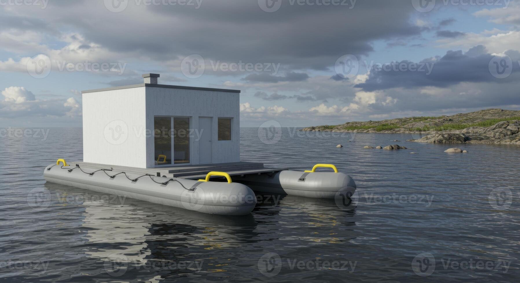 Modern minimalist floating house on water near rocky shore photo
