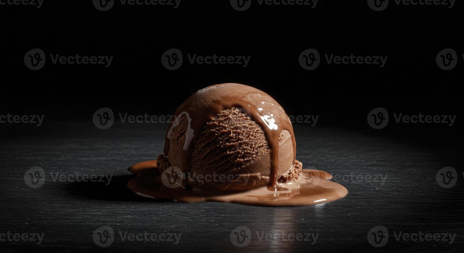 Melting chocolate ice cream scoop dripping on a dark surface photo