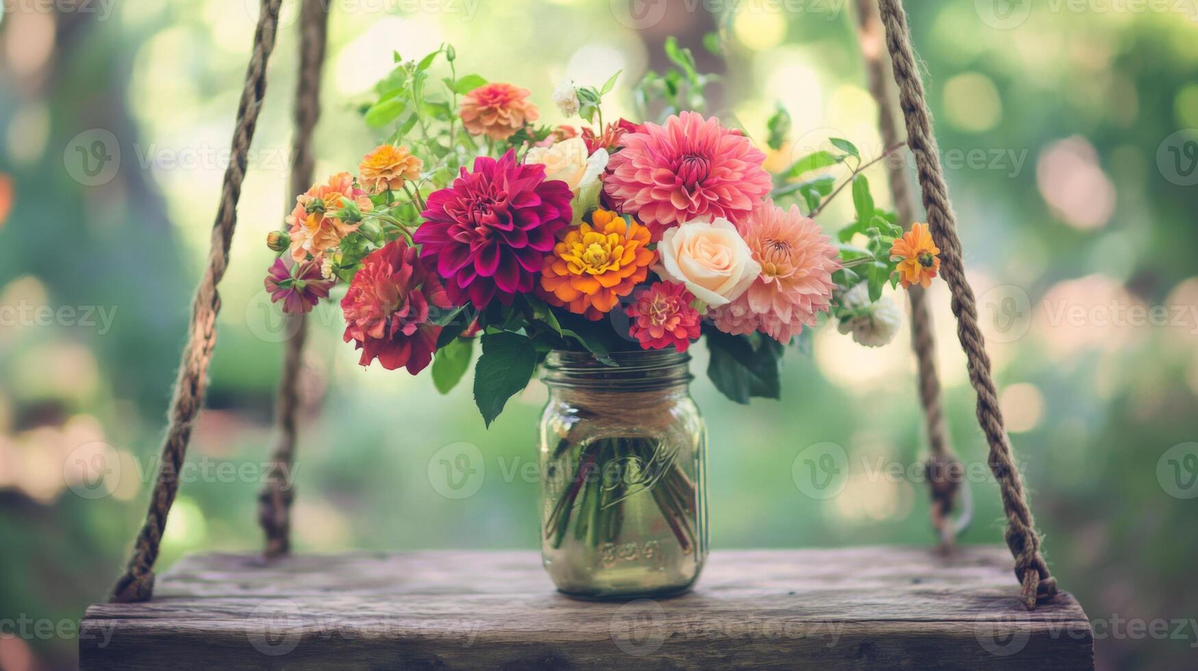 A Colorful Bouquet of Flowers in a Glass Jar on a Wooden Plank photo