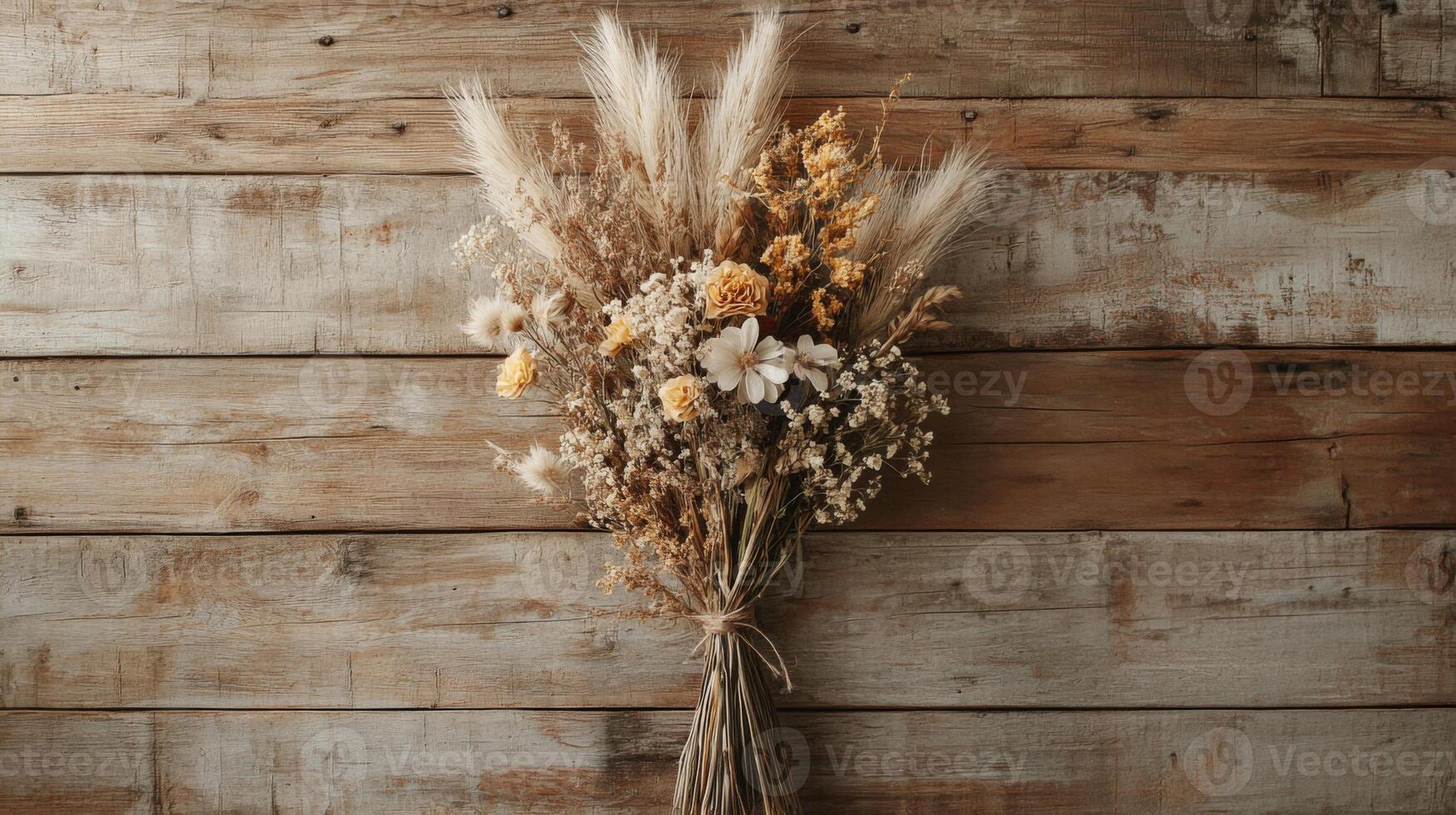 Dried Flower Bouquet on Rustic Wooden Background photo