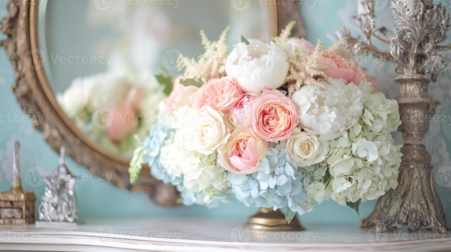 Delicate Pink and White Flower Bouquet with Blue Accents in a Gold Vase on a Vintage Table photo