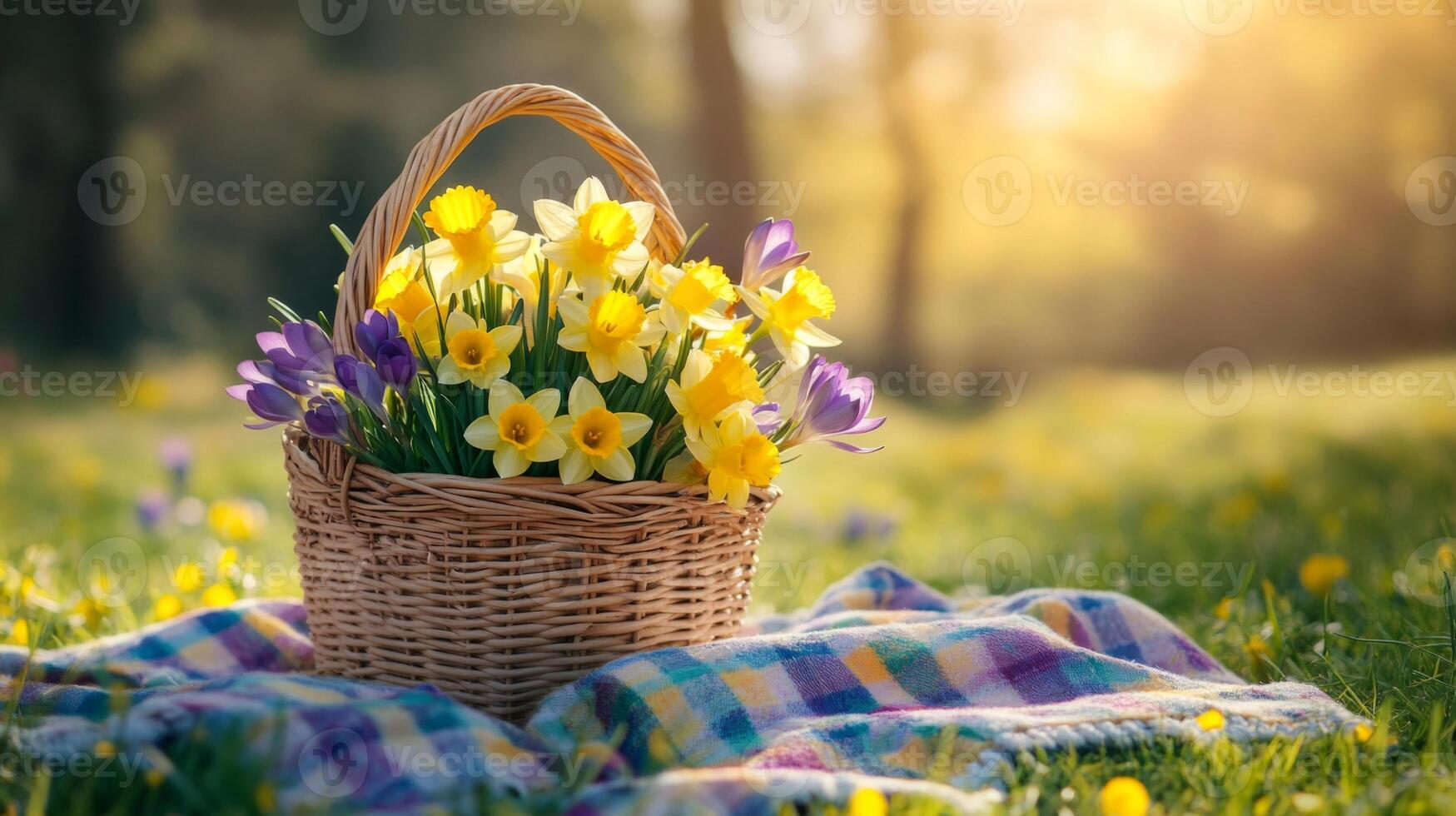 Wicker Basket Filled with Yellow Daffodils and Purple Crocuses on a Plaid Blanket in a Field photo