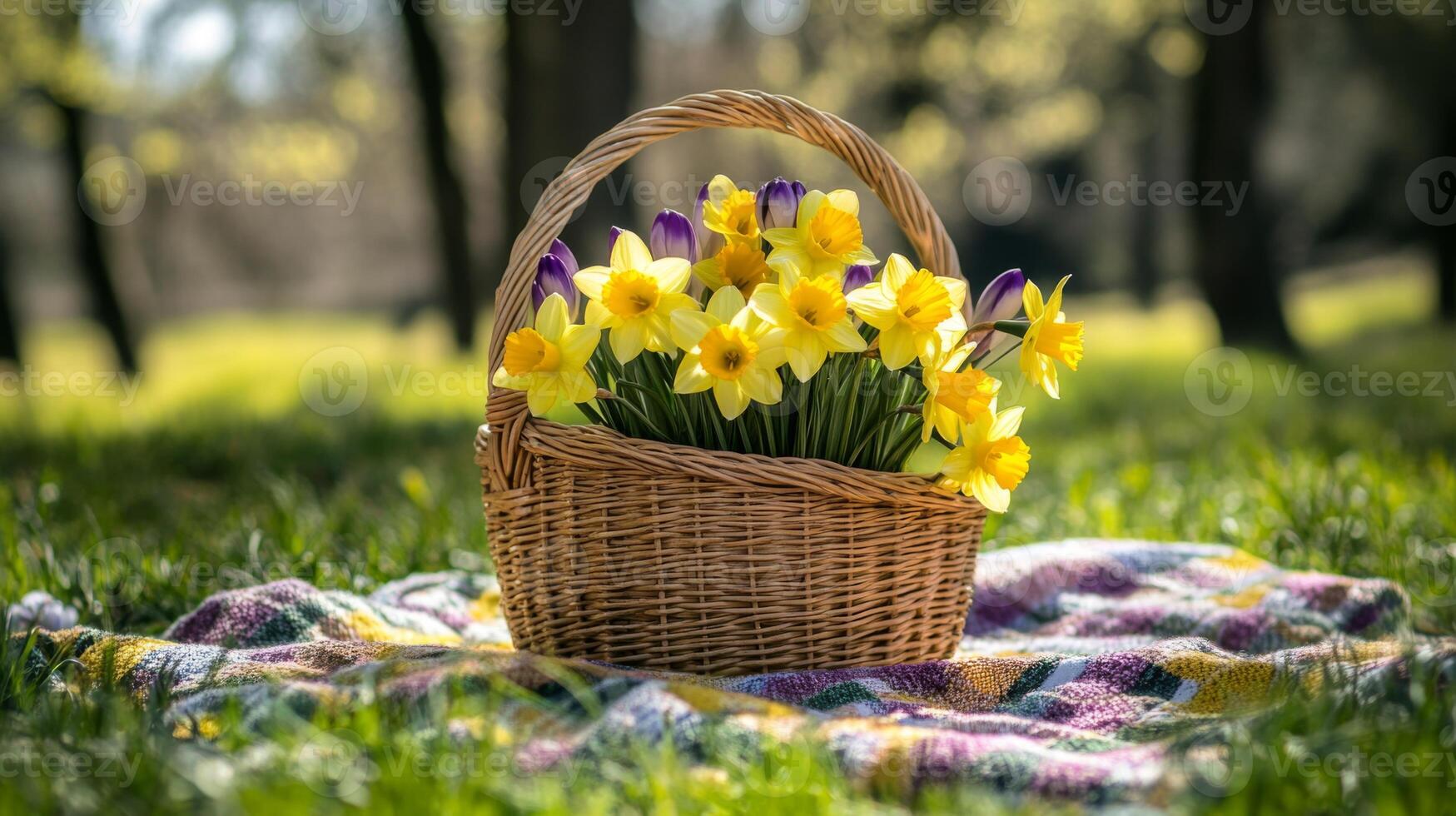 A wicker basket filled with yellow daffodils and purple crocuses on a picnic blanket in the grass. photo