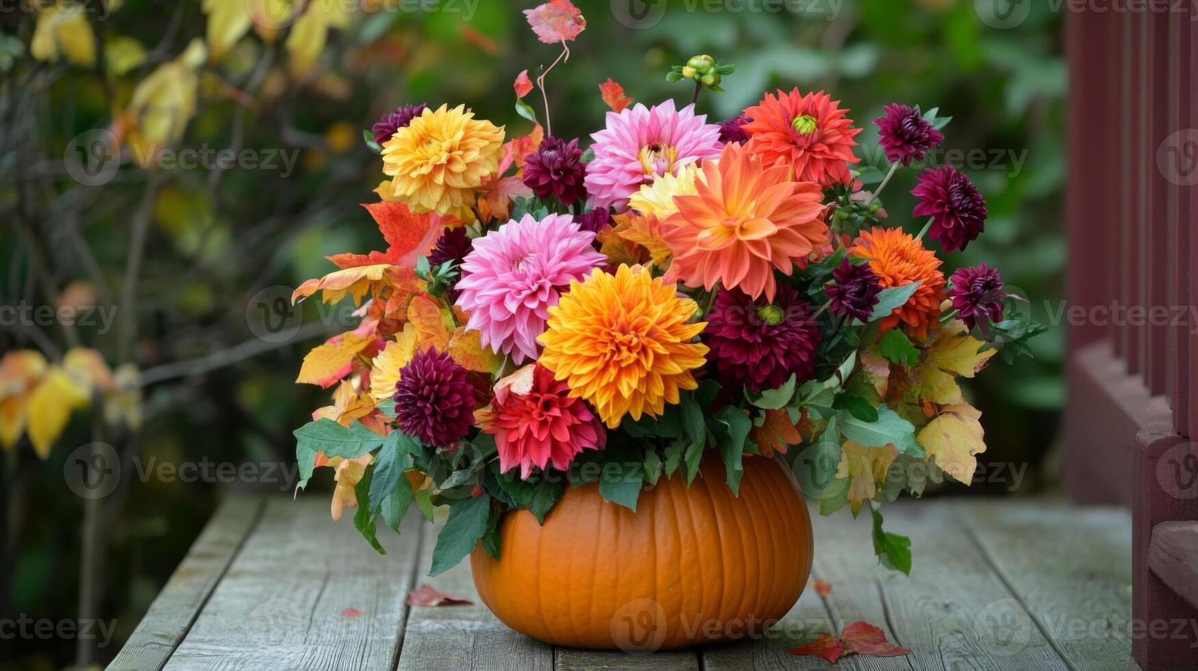 Colorful Dahlia Bouquet in a Pumpkin Vase photo