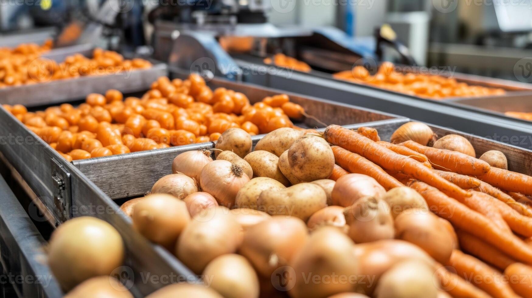 Close-up of Carrots, Potatoes, and Onions on a Conveyor Belt in a Food Processing Plant photo