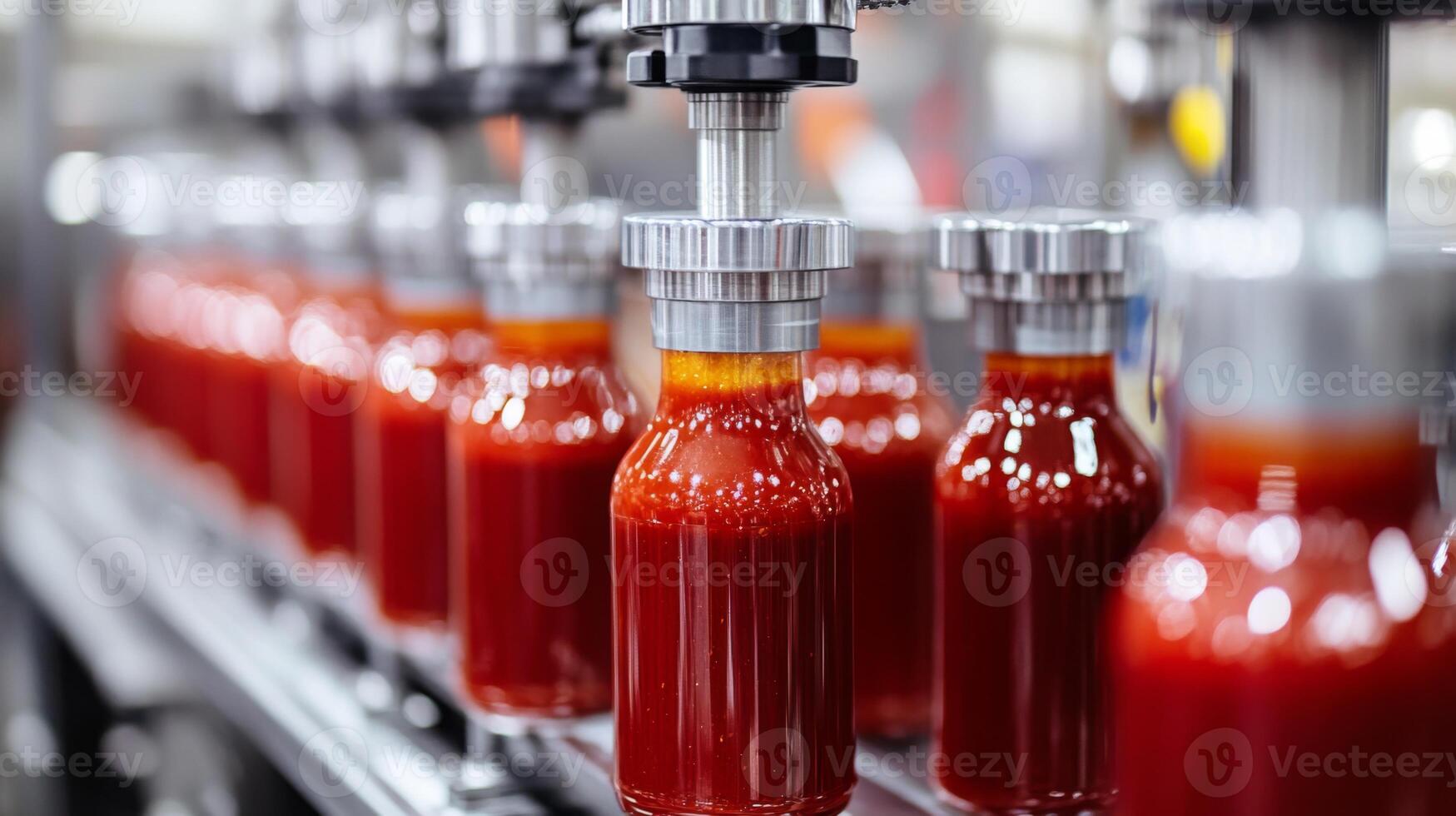 Automated Bottling Line Filling Glass Bottles with Red Sauce photo