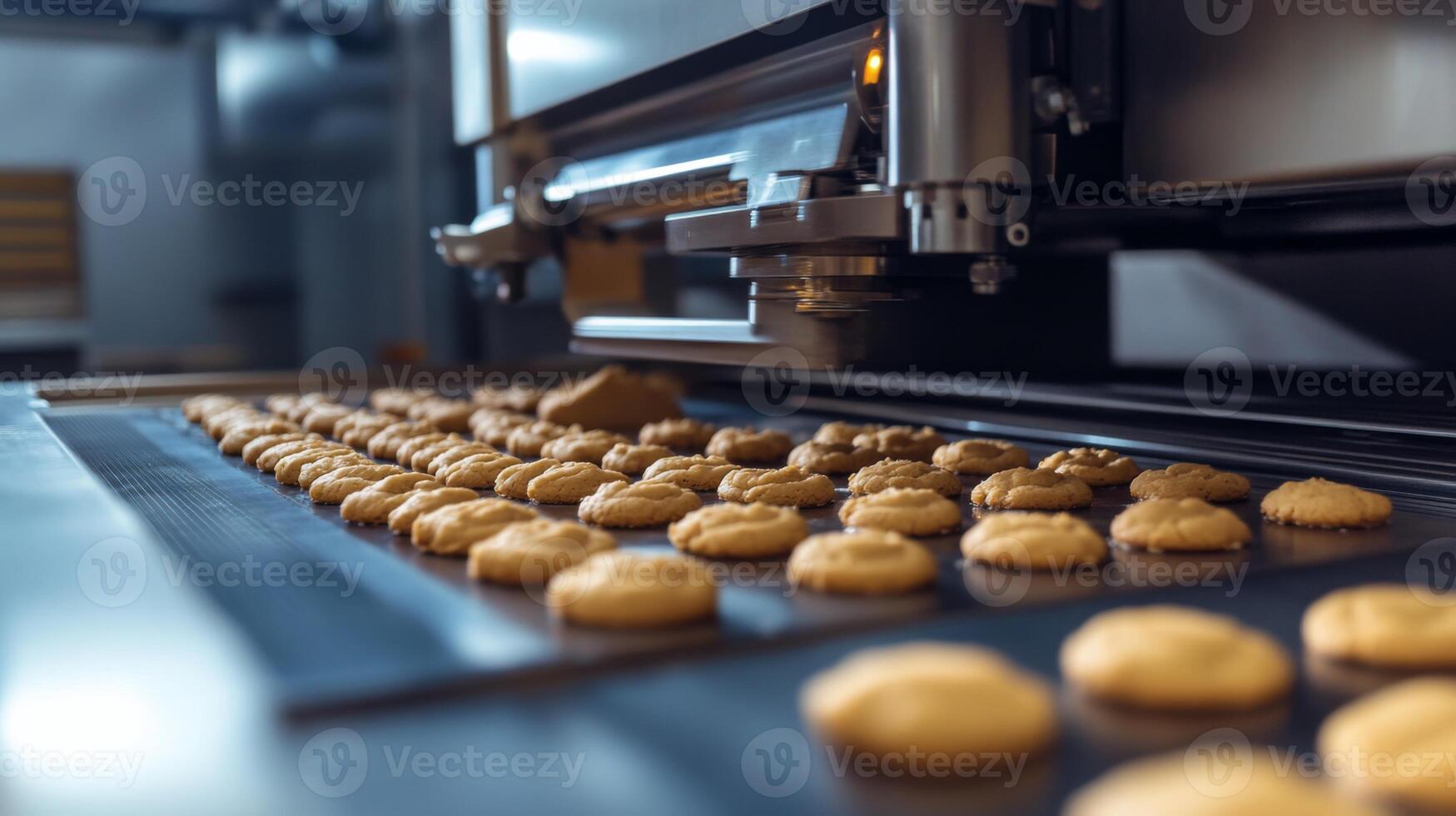 Close-up of freshly baked cookies on a conveyor belt in a factory. photo